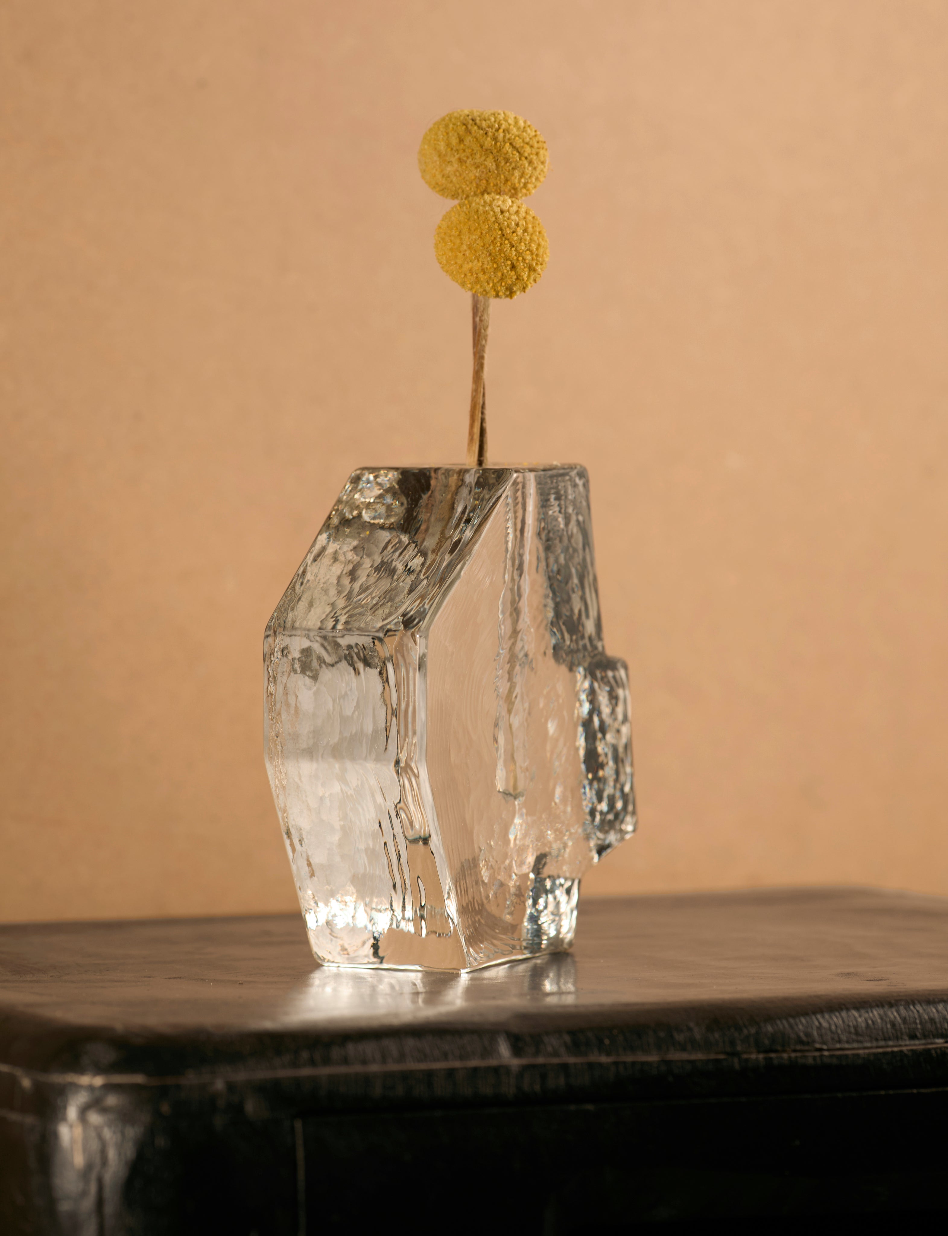Vintage Scandinavian Clear Vase in Glass — close-up with yellow flower detail