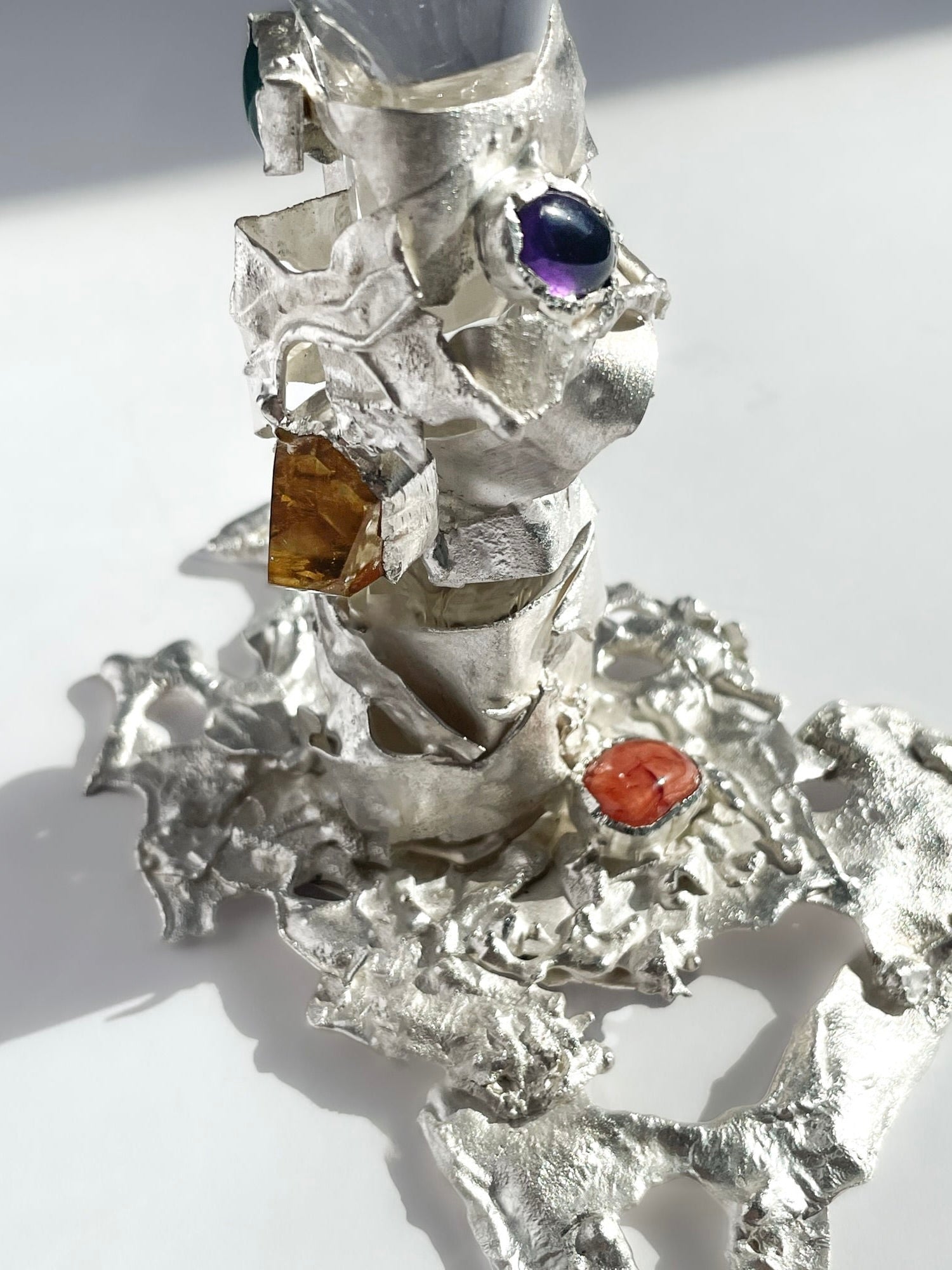 Jewelled Goblet no. 8 x Lindsey Fontijn — side angle showing textured silver base with colored gems