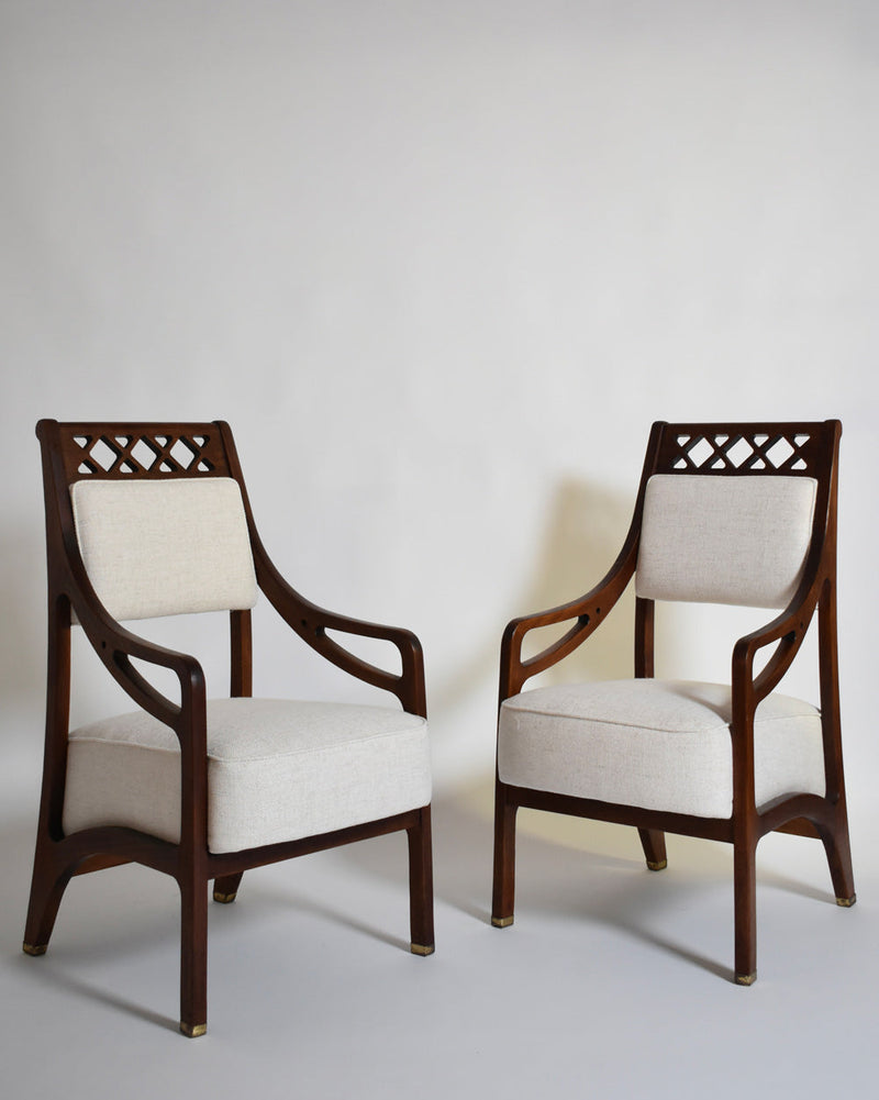 Pair of High Back Crosspieces Armchairs, 1960s by Barracuda Interiors | The Oblist — vintage wood and fabric upholstery
