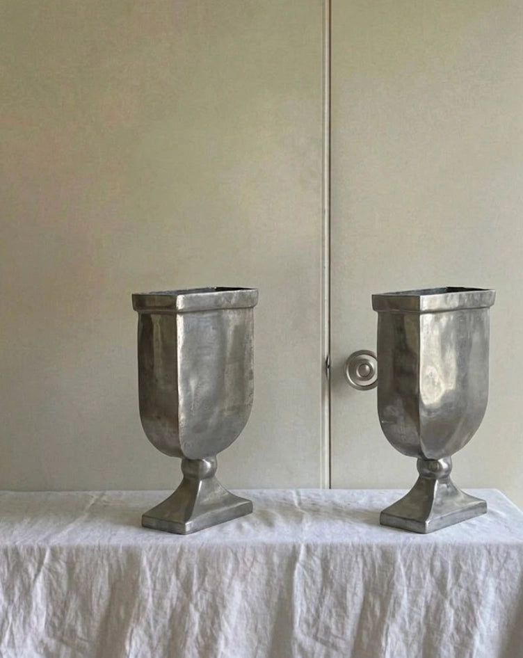 1990s Dutch Vintage Heavy Cast Aluminum Trophy Vase — detail view