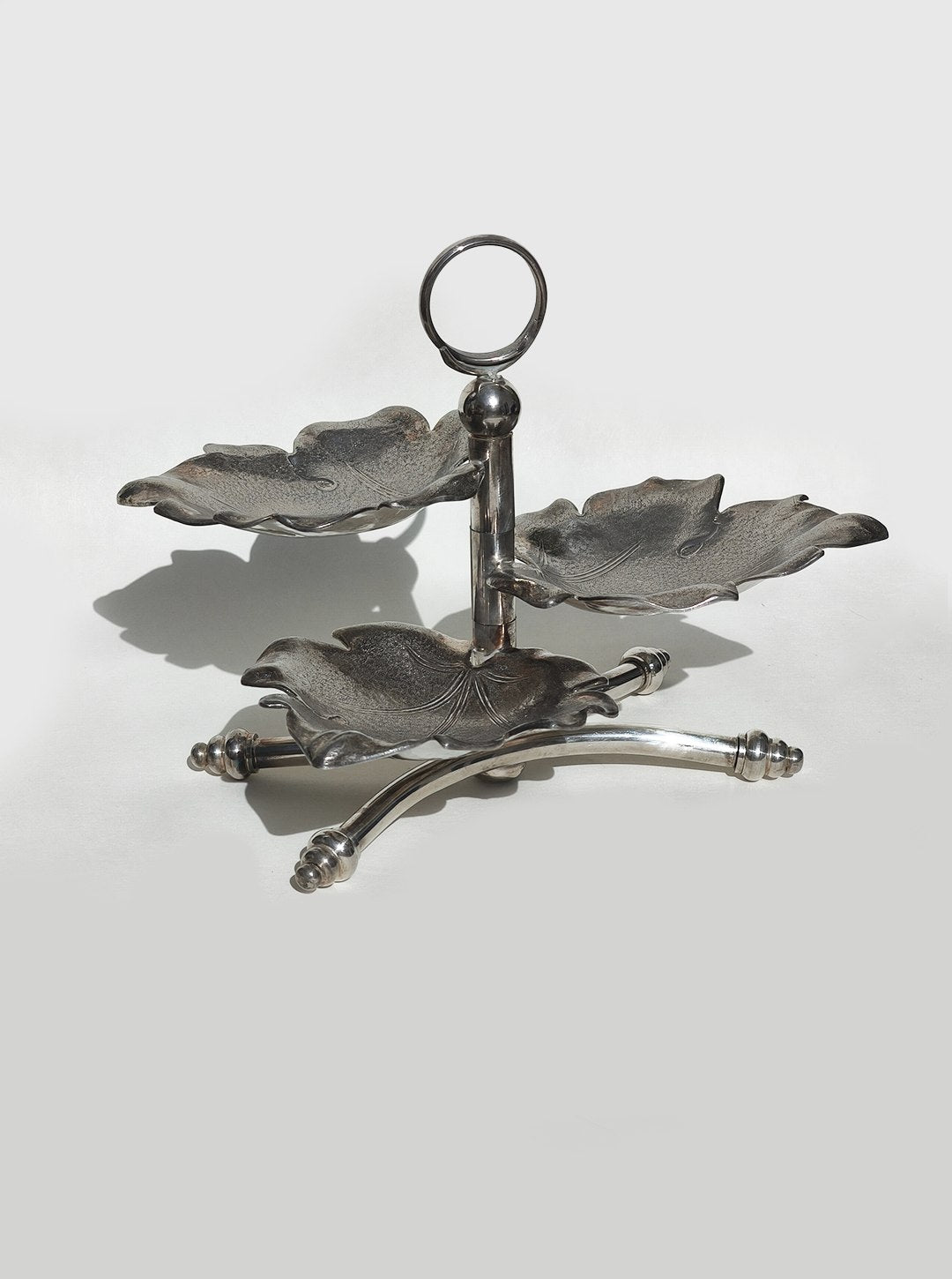 Silver-plated triple leaf server tray with tiered design and handle