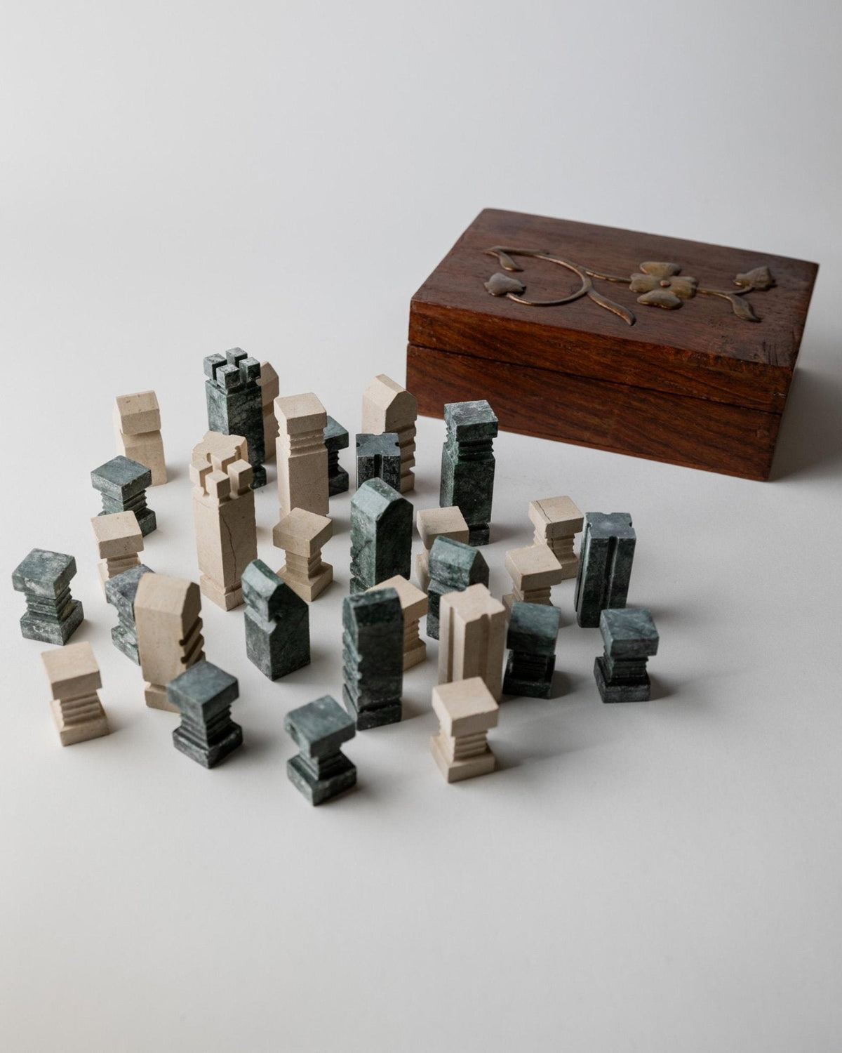 Vintage 1970s Marble Chess Set, Green and Beige Stone Chess Board, Heavy Design, Geometric Chess Pieces, Sculptural Table Game,  Gift Idea — in context
