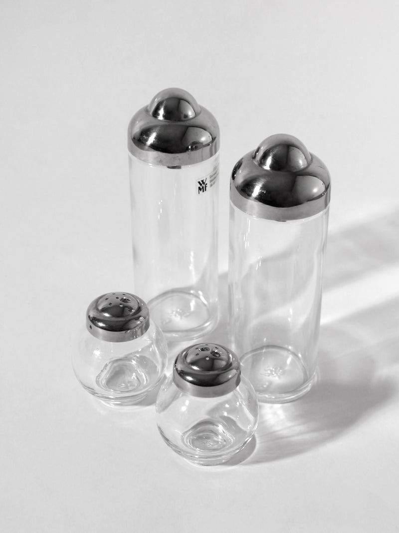 Stainless Steel Memphis Set by Matteo Thun for WMF Germany, 1980s — close-up of glass and stainless steel salt and pepper sha