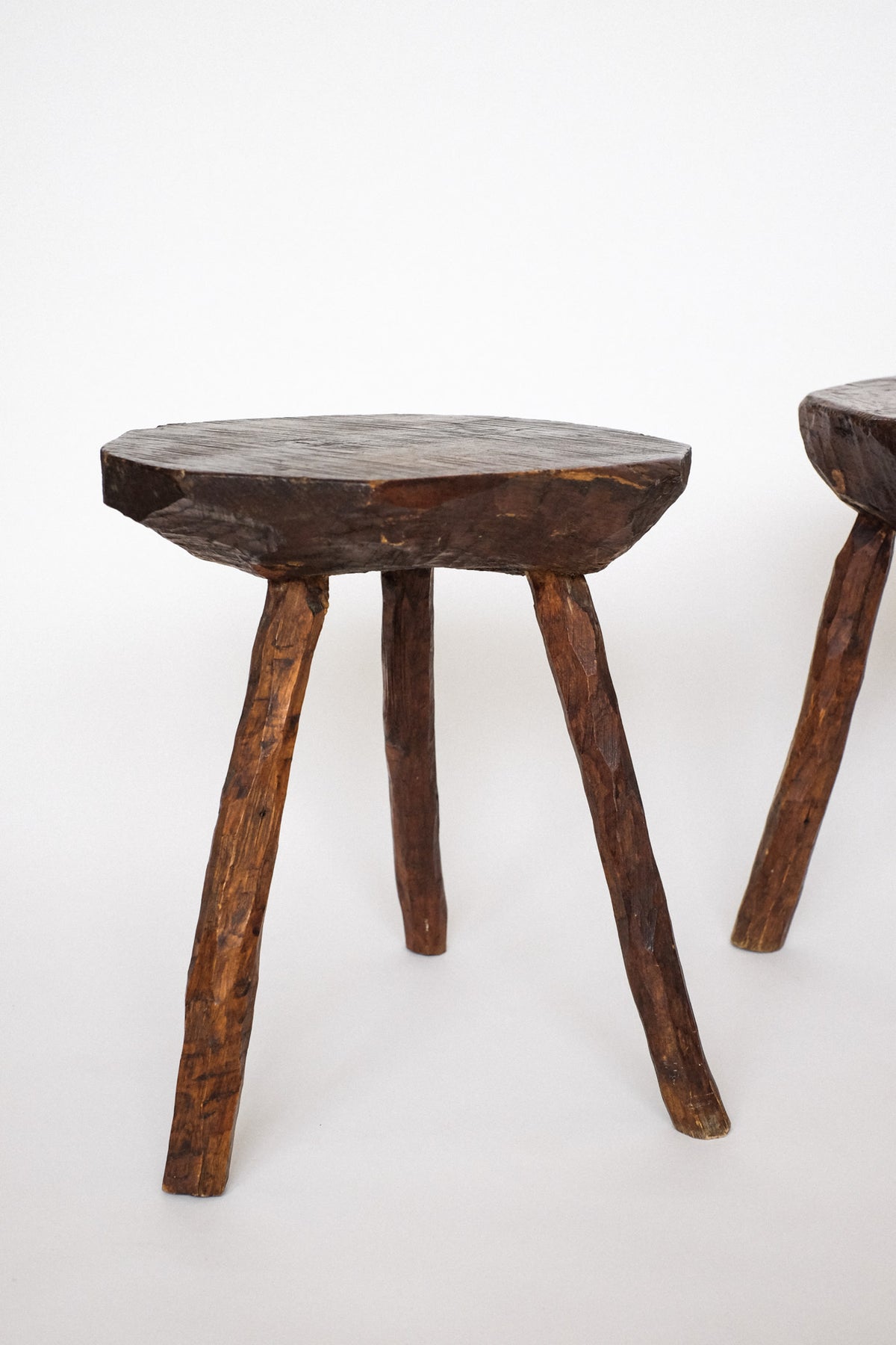 Pair of Vintage Wooden Tripod Stools — side angle