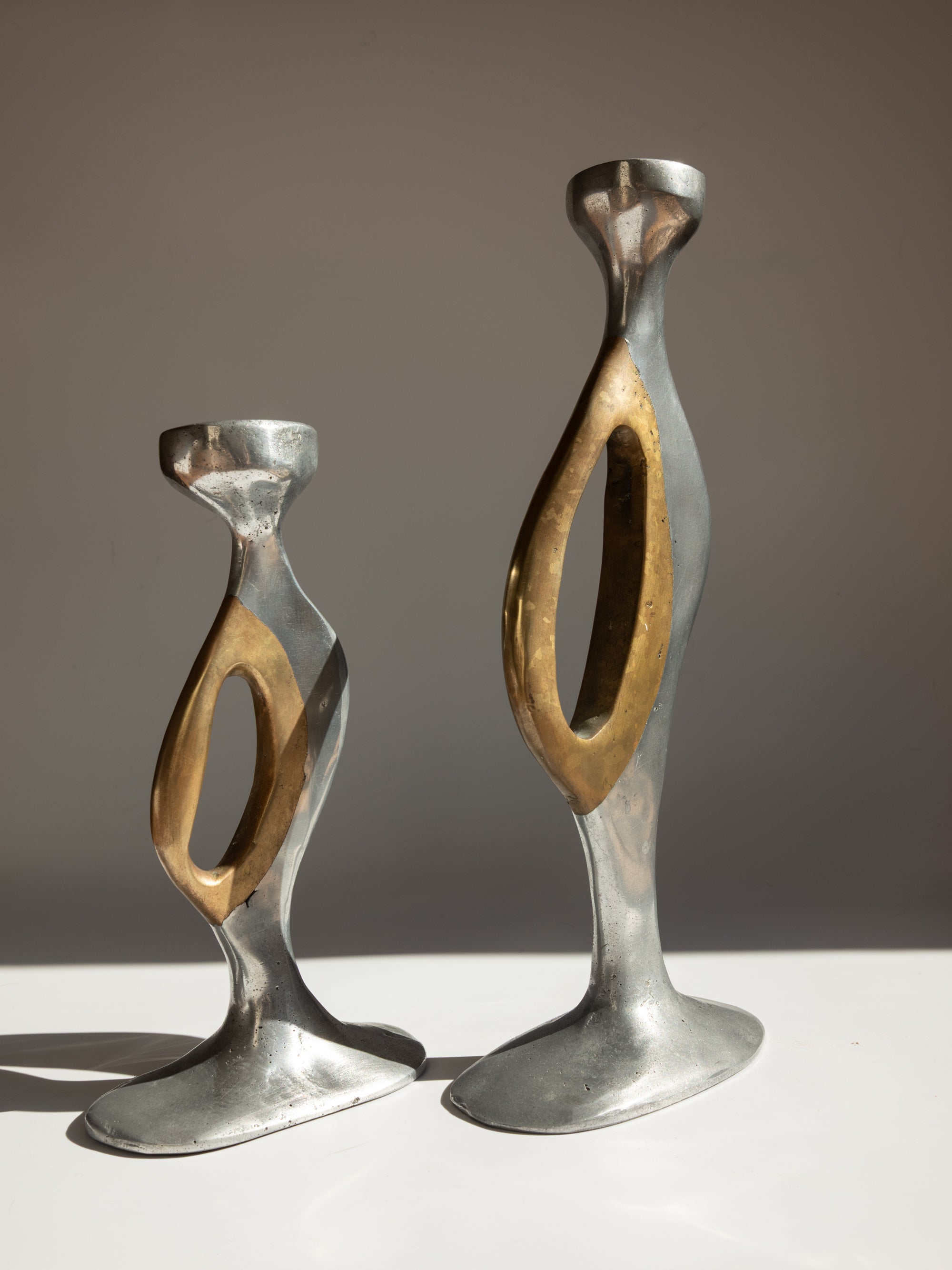 Brutalist Aluminium and Brass Candlesticks by Léopold - Spain, c. 1970s — side angle