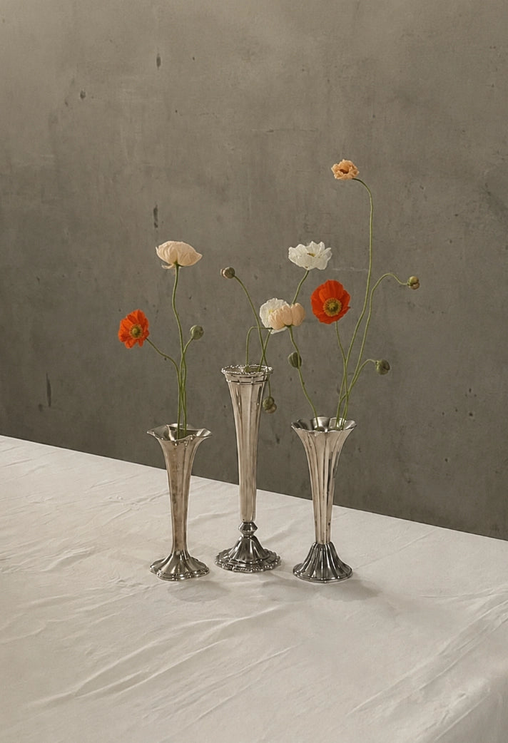 1930s French Vintage Fluted Silver-Plated Art Deco Vases (Set) — side angle