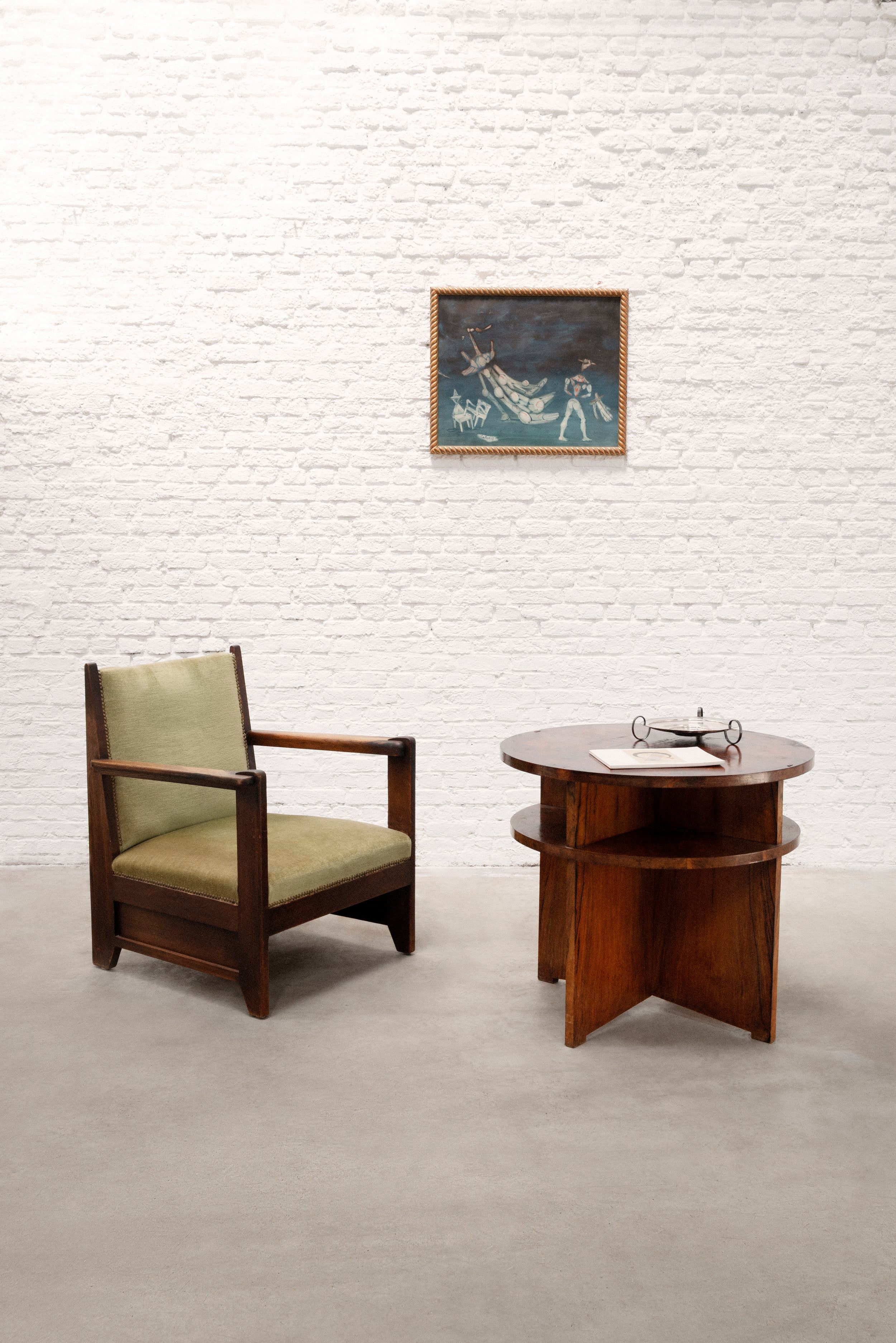French Modernist Circular Coffee Table with Integrated Shelving, c. 1935 — close-up
