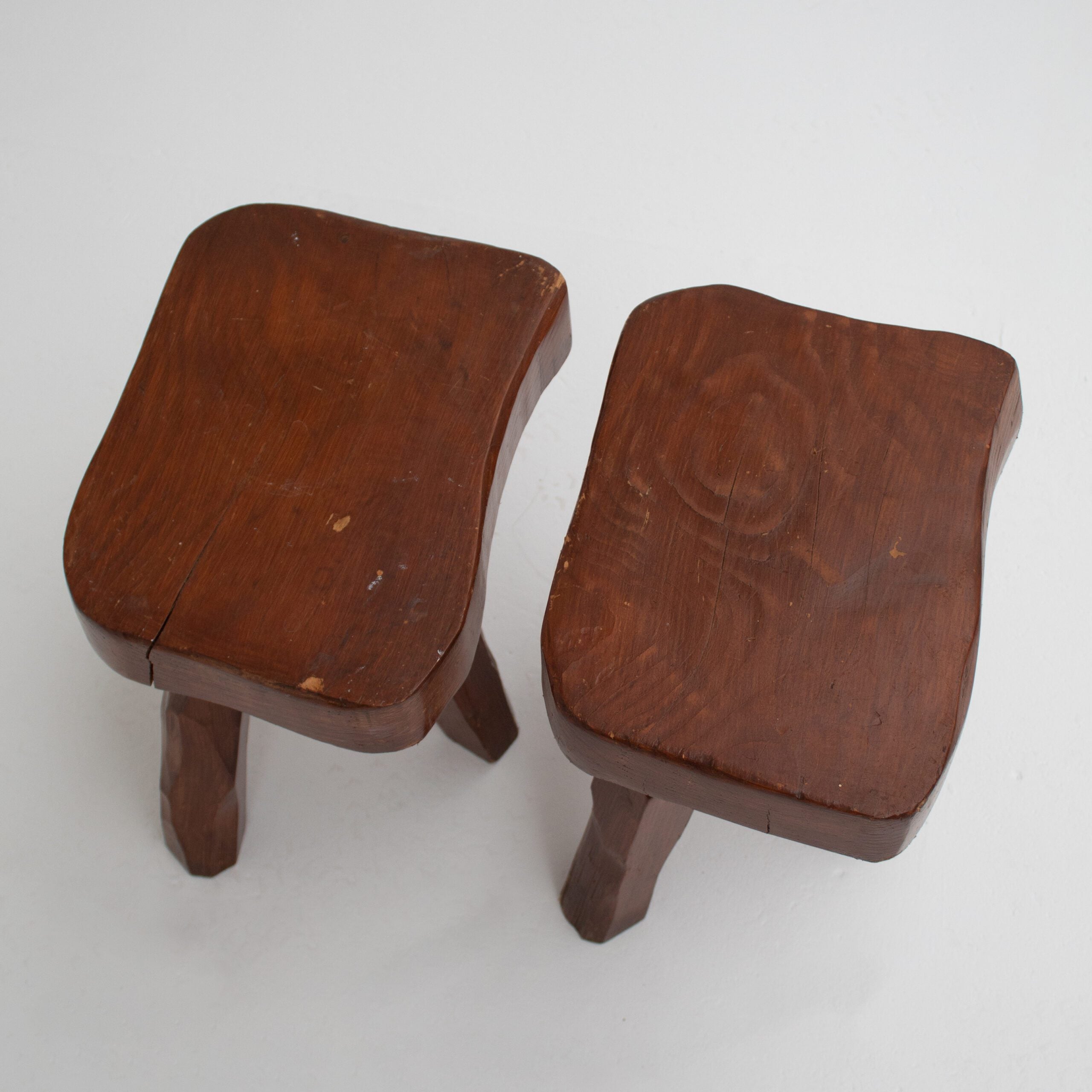 Pair of Sculptural Solid Wood Brutalist Stools, France, 1960s — close-up