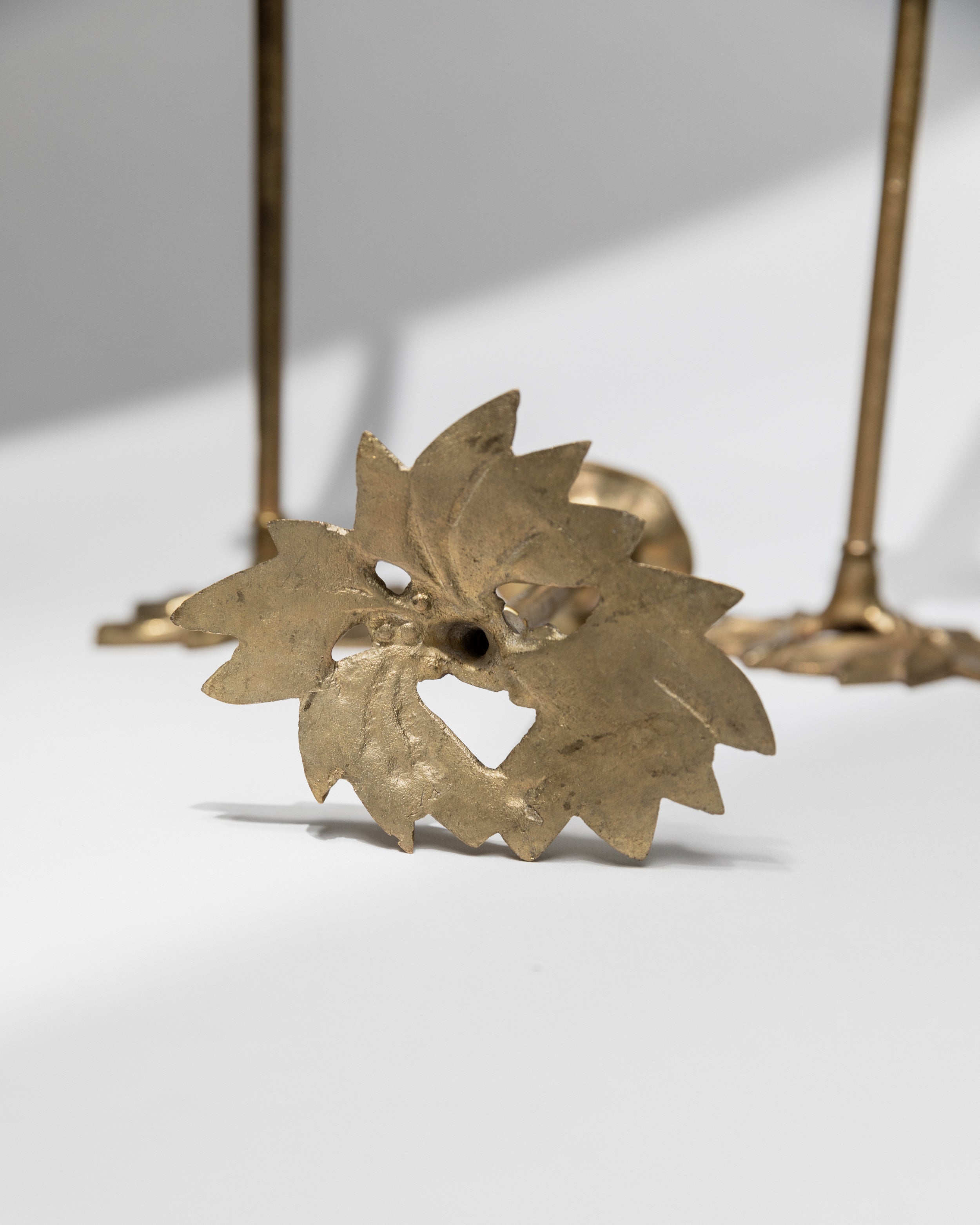 Brass candle holder leaf-shaped bobeche detail Italy 1940s