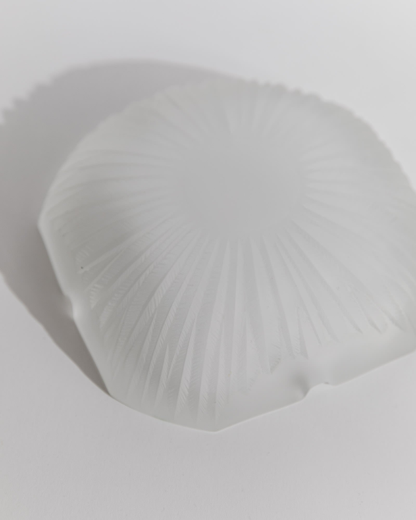 Vintage 1970s Smoking Set, Ashtray and Table Lighter, Frosted Textured Glass, Shell Shape — top view of frosted glass ashtray