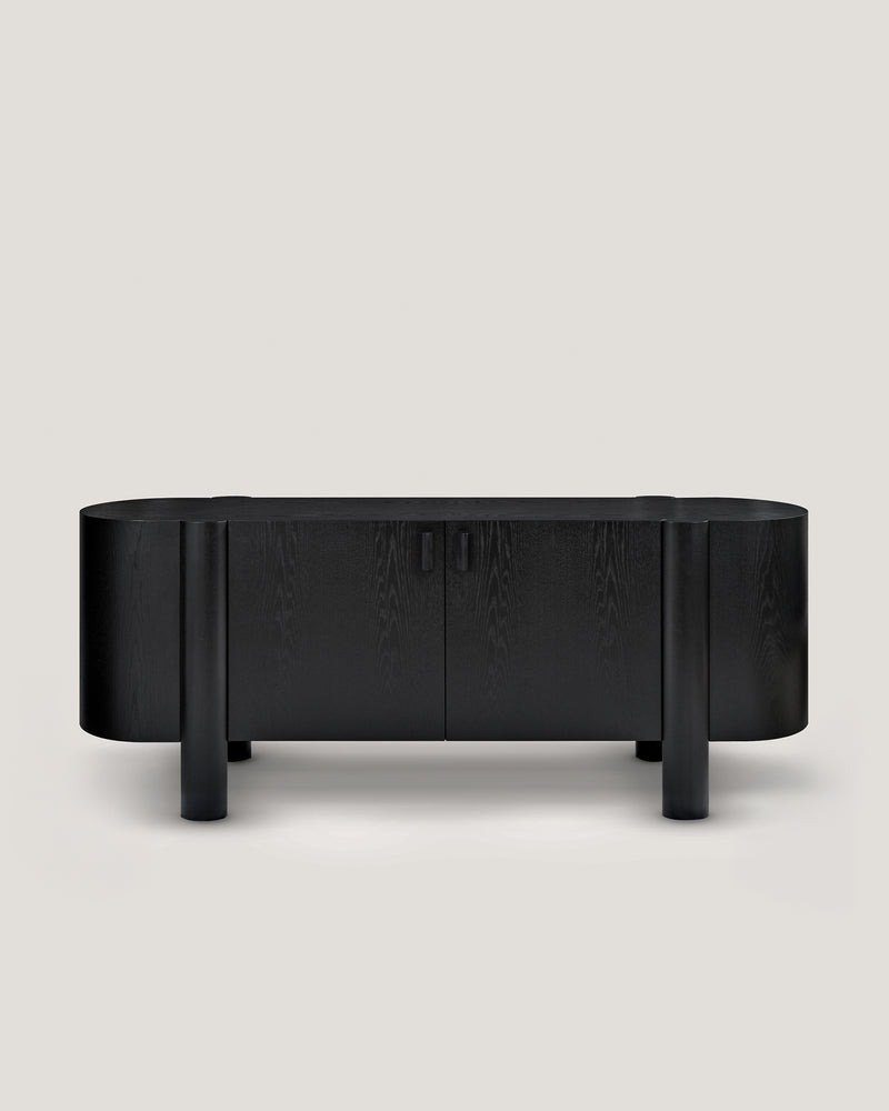 Black wooden oval credenza cabinet with cylindrical legs and natural wood grain finish