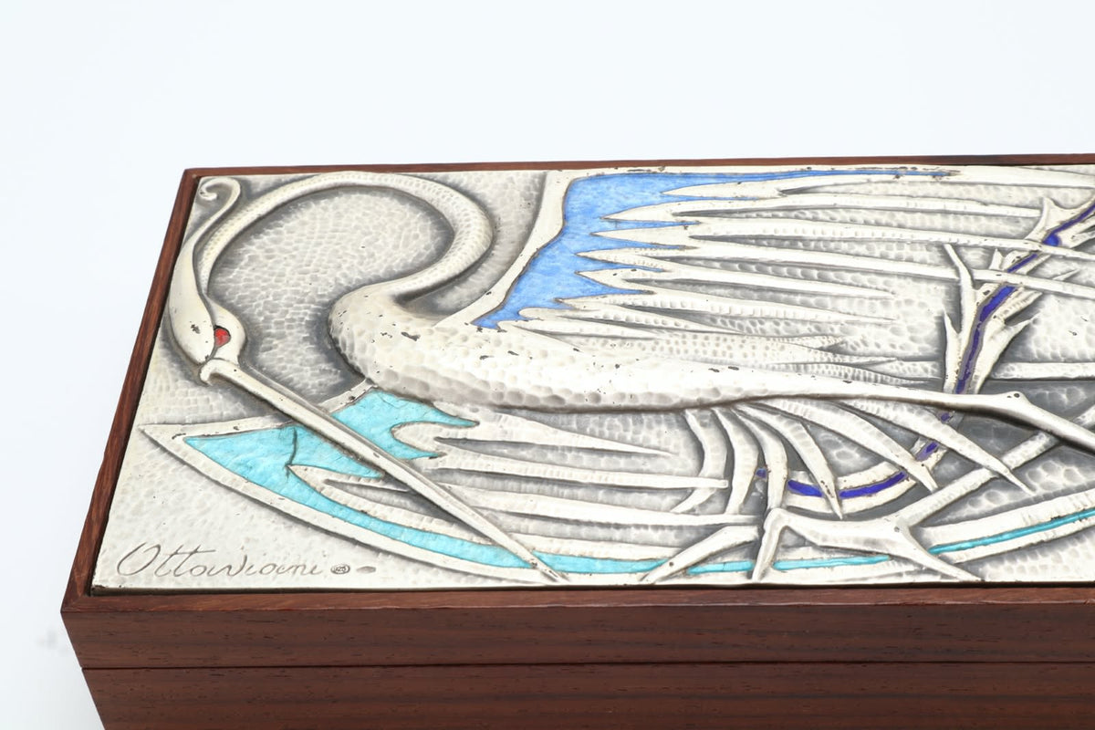 Ottaviani Mid-Century Silver & Enamel Rosewood Box – Italy (c. 1960) — close-up