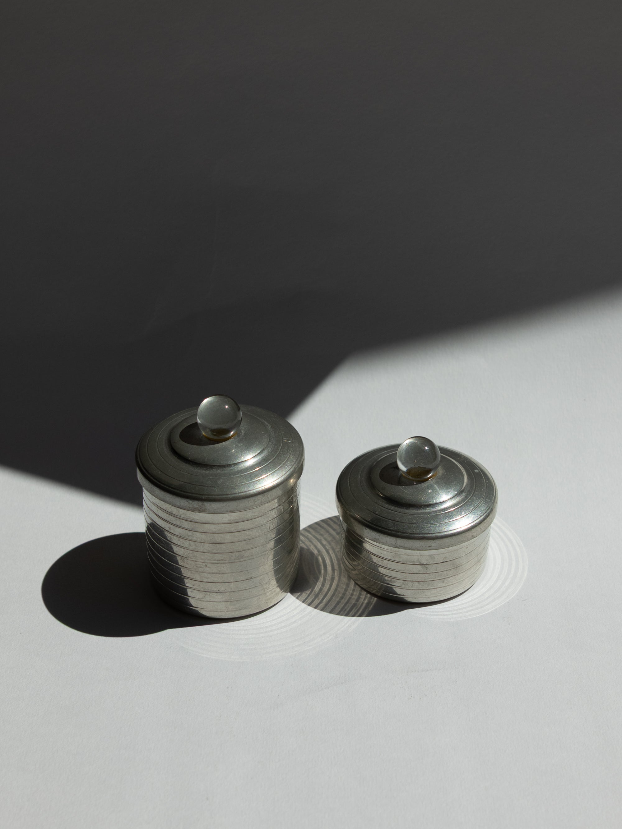 Pair of French Art Deco Pewter Vanity Pots with Glass Orb Finials, c. 1930s — side angle
