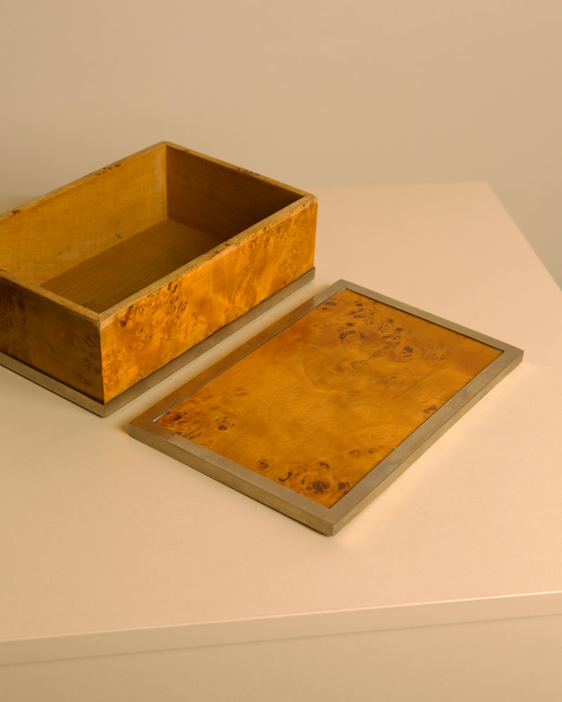 Italian Box in Poplar Burl Wood and Metal, 70s — close-up of open box with lid removed