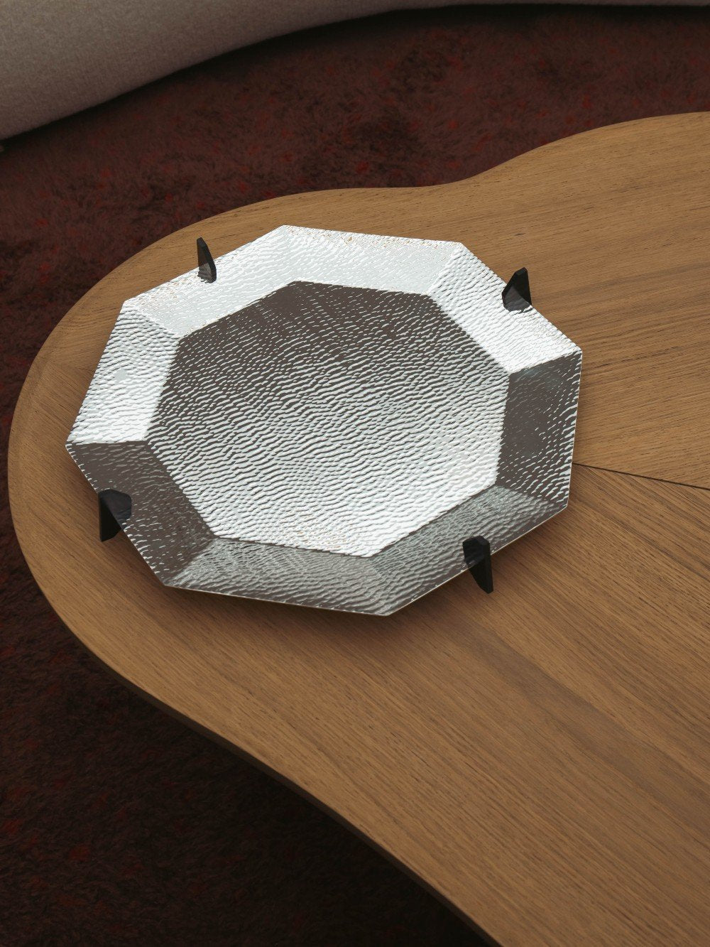Silver Plated Tray — top view on wooden table with textured surface