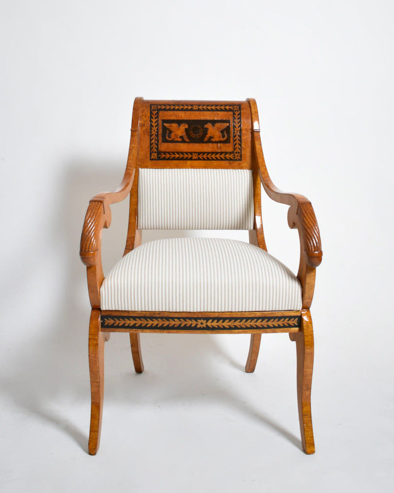 Pair of Etruscan Armchairs, XIXth c. — front view showing inlaid wood details