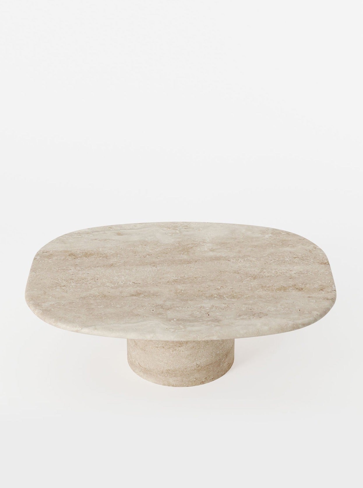 Circa Coffee Table in Travertine — top view of round travertine surface