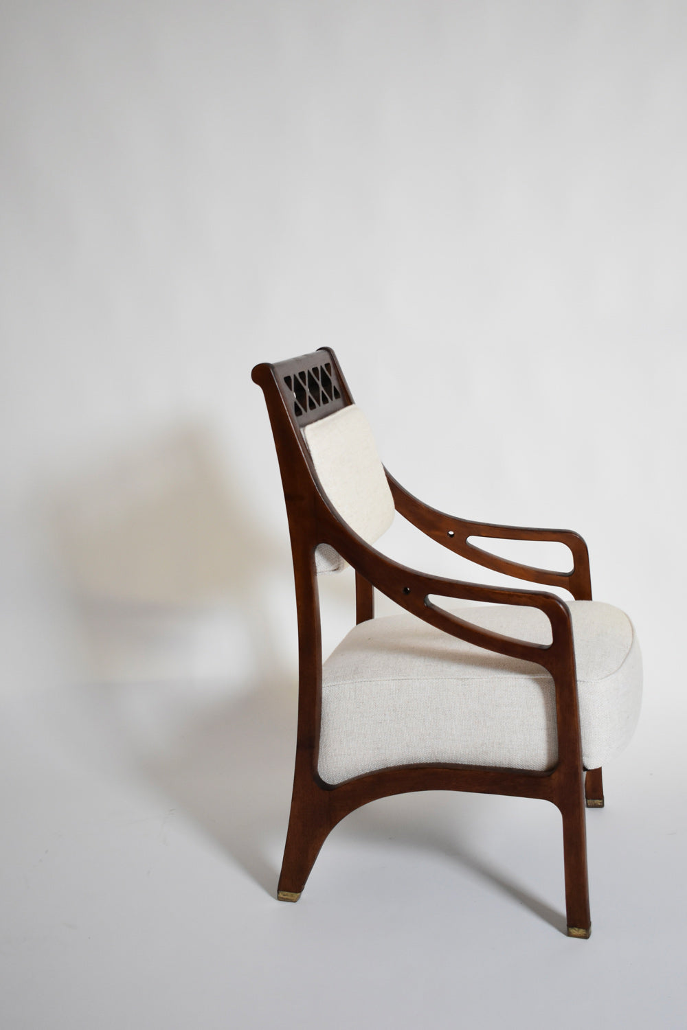 Pair of High Back Crosspieces Armchairs, 1960s — side angle showing wooden frame and fabric upholstery