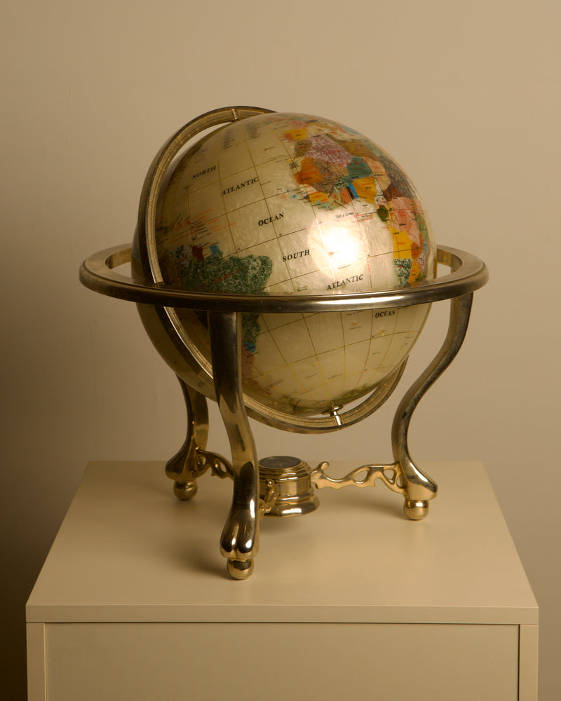 Large Globe Made of Hardstone and Mother-of-pearl, 1970s by Treaptyque | The Oblist — vintage globe with metallic stand