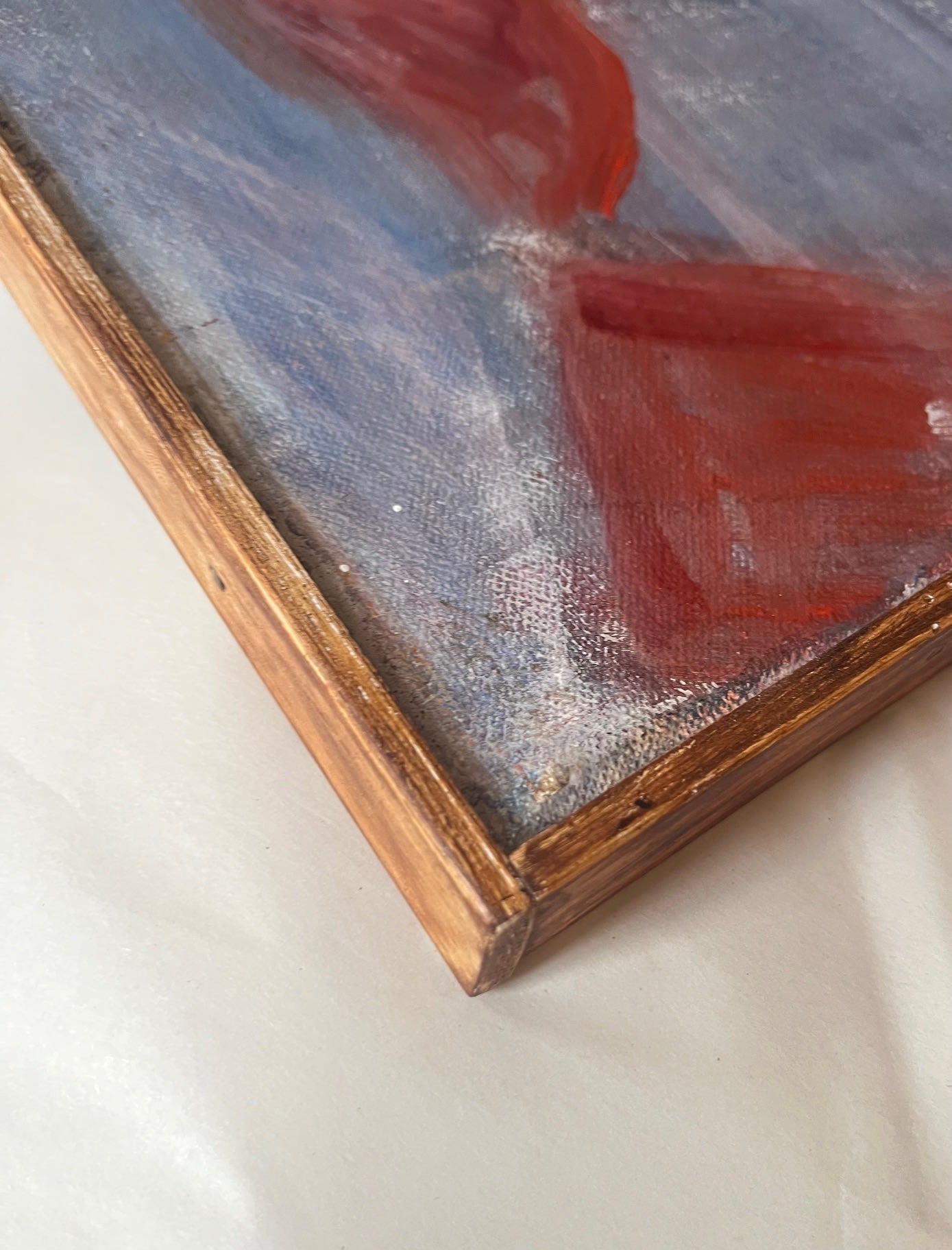 Midcentury Seascape in Red and Blue — angled view of wooden frame
