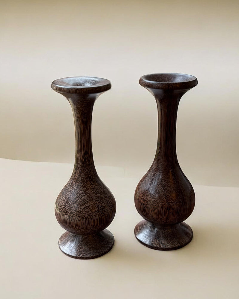 Vintage Pair of Solid Wood Vases by Flock Studio | The Oblist — handcrafted dark wood finish