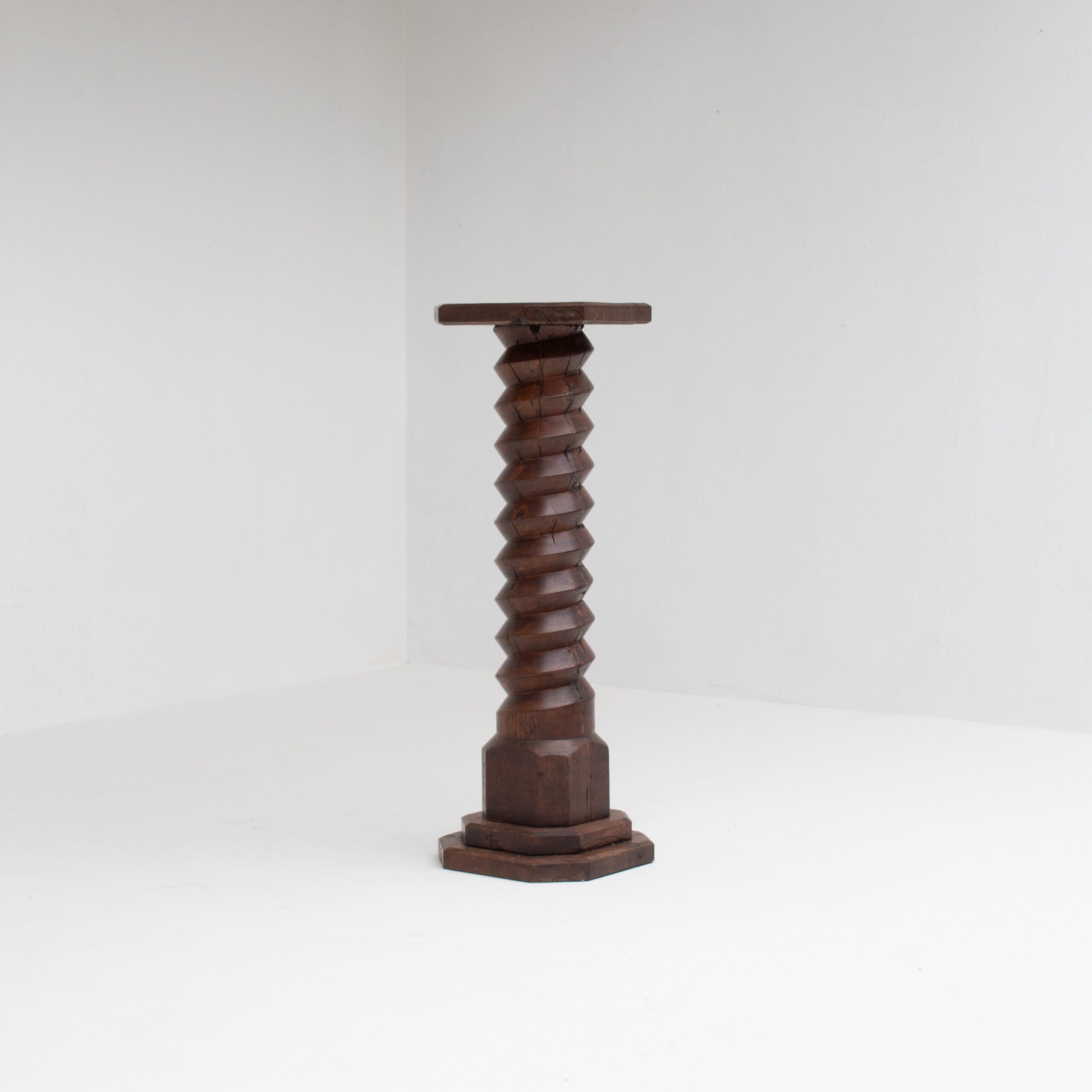 Brutalist Hand-Carved Wooden Pedestal in Solid Oak — side angle