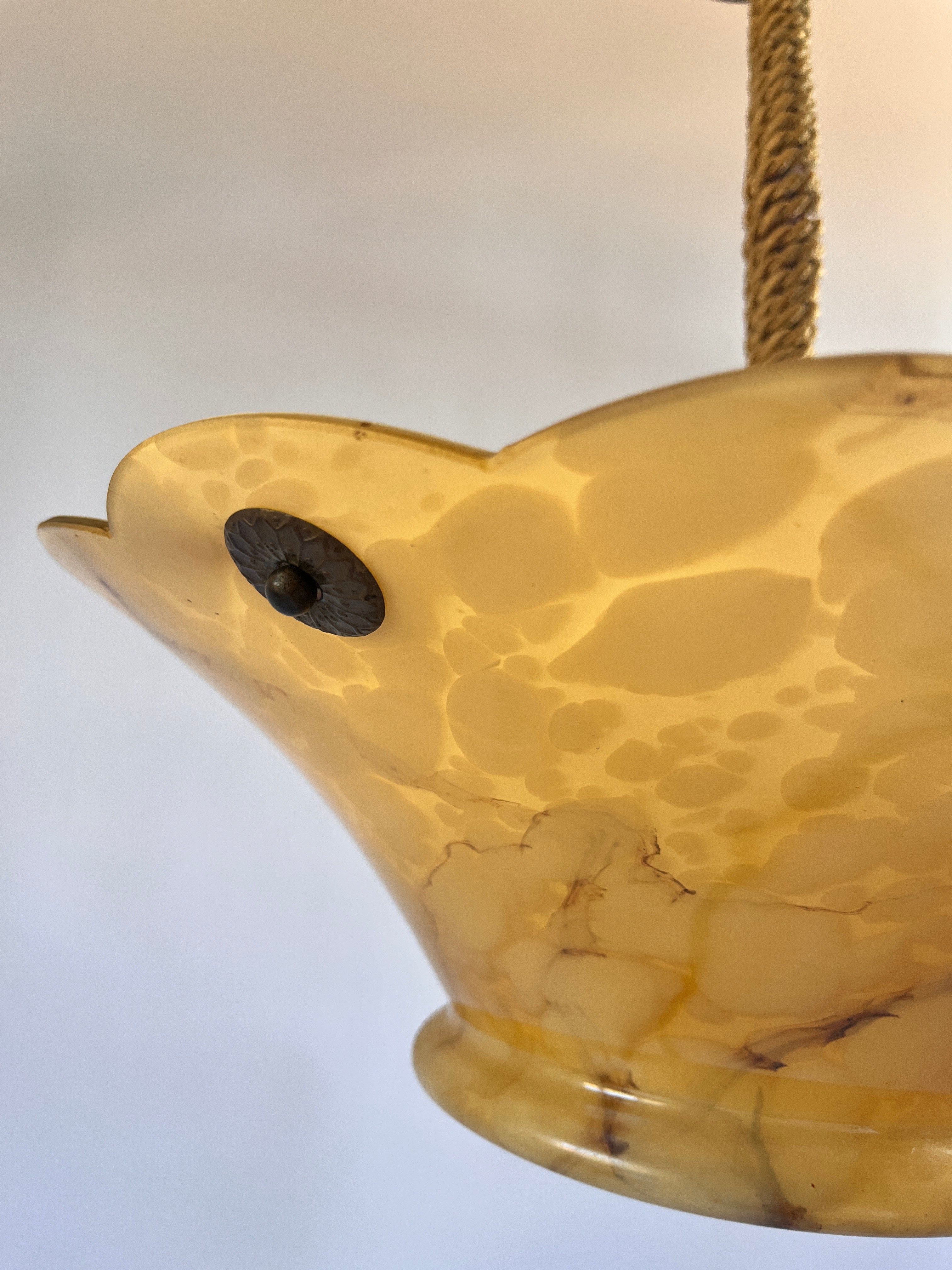 Vintage Swedish Marbled Glass Pendant Light – Alabaster Bowl c.1940s — side angle showing marbled glass texture
