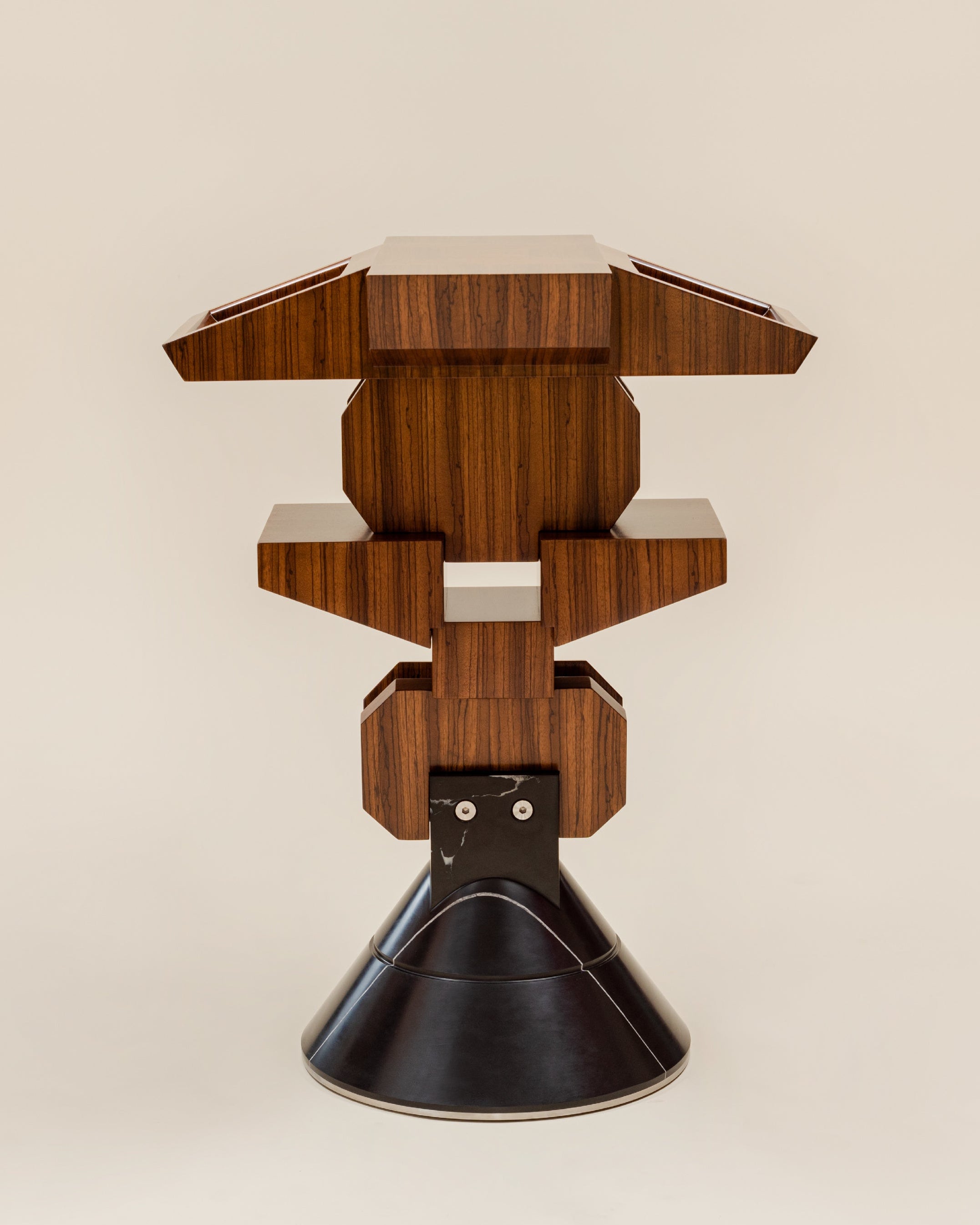 Pyramiss Pedestal Table — rear view highlighting wood grain and base