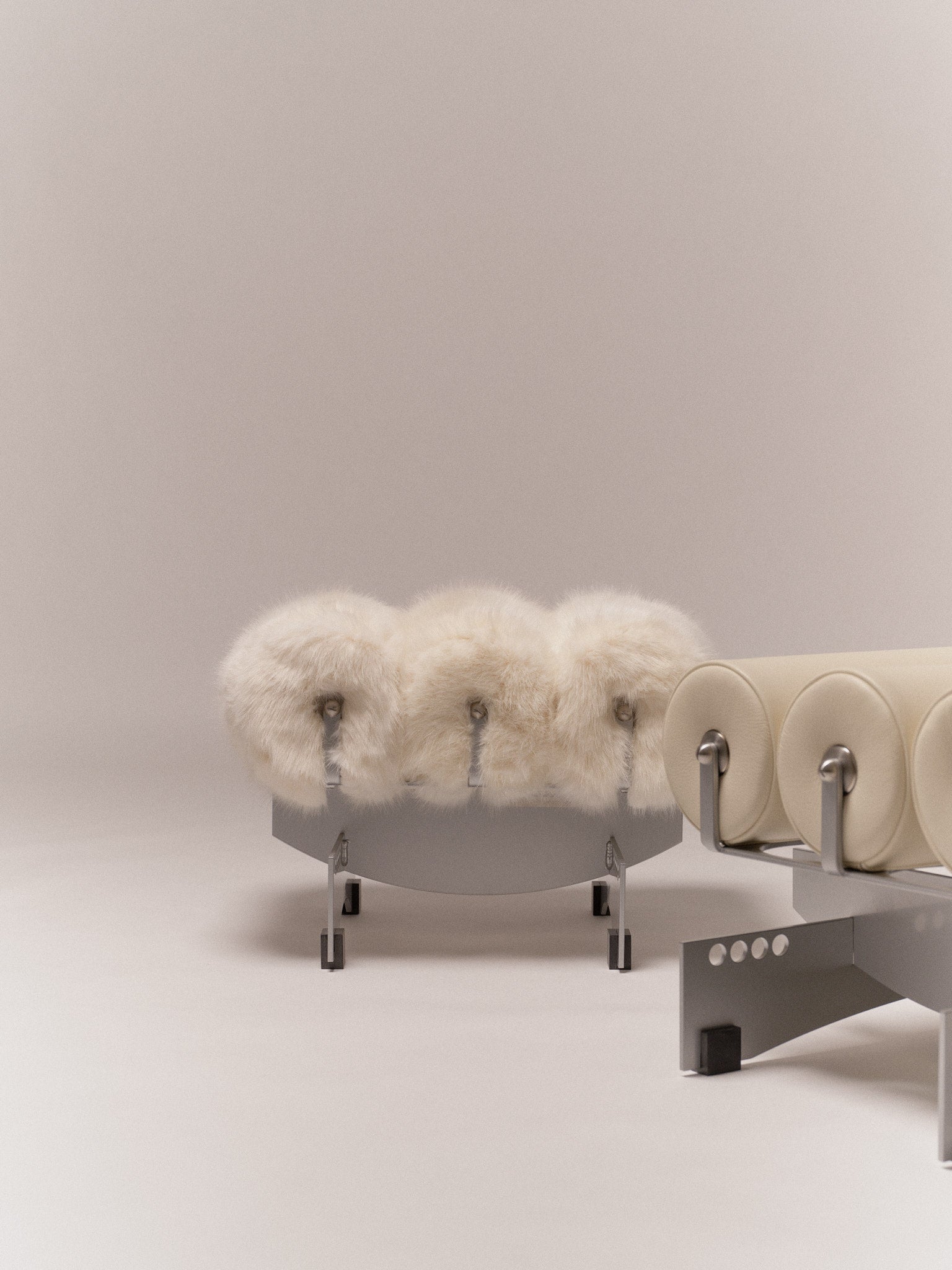 Poggia Bassa — side view with soft fur upholstery in minimalist setting