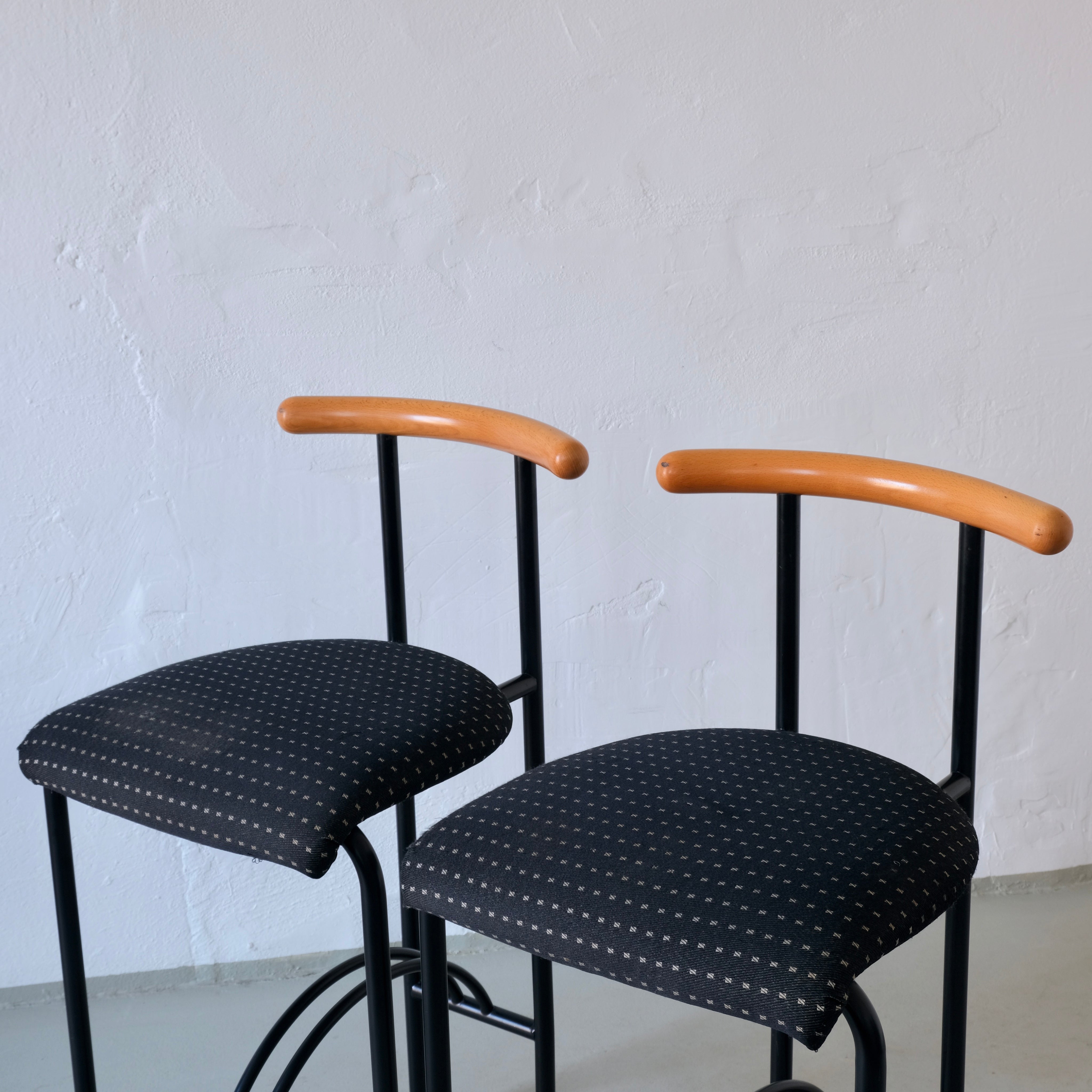 2 Postmodern Tubular Steel Bar Stools | Rodney Kinsman Style | 1980s — side angle