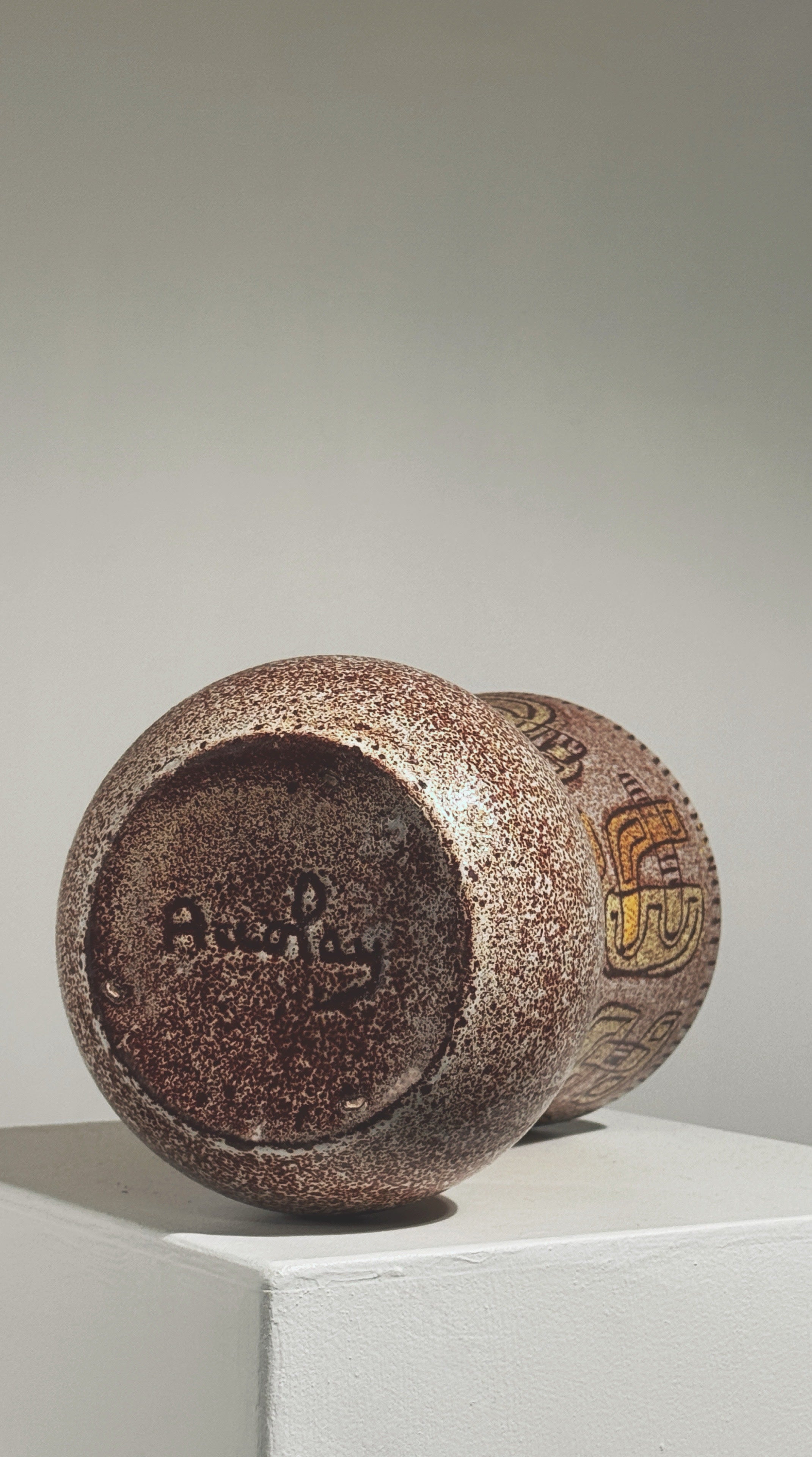 Bottom view showing ceramic maker's mark on vintage Accolay vase