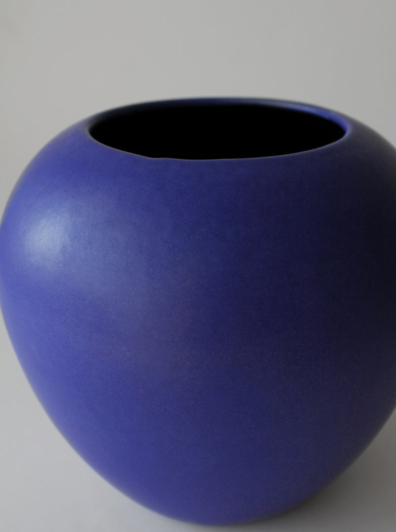 Close-up view of cobalt blue matte ceramic vase from 1960s Germany