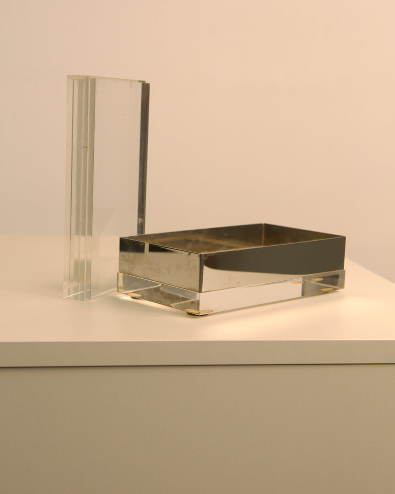 Large rectangular Italian glass box from 70s with metallic frame