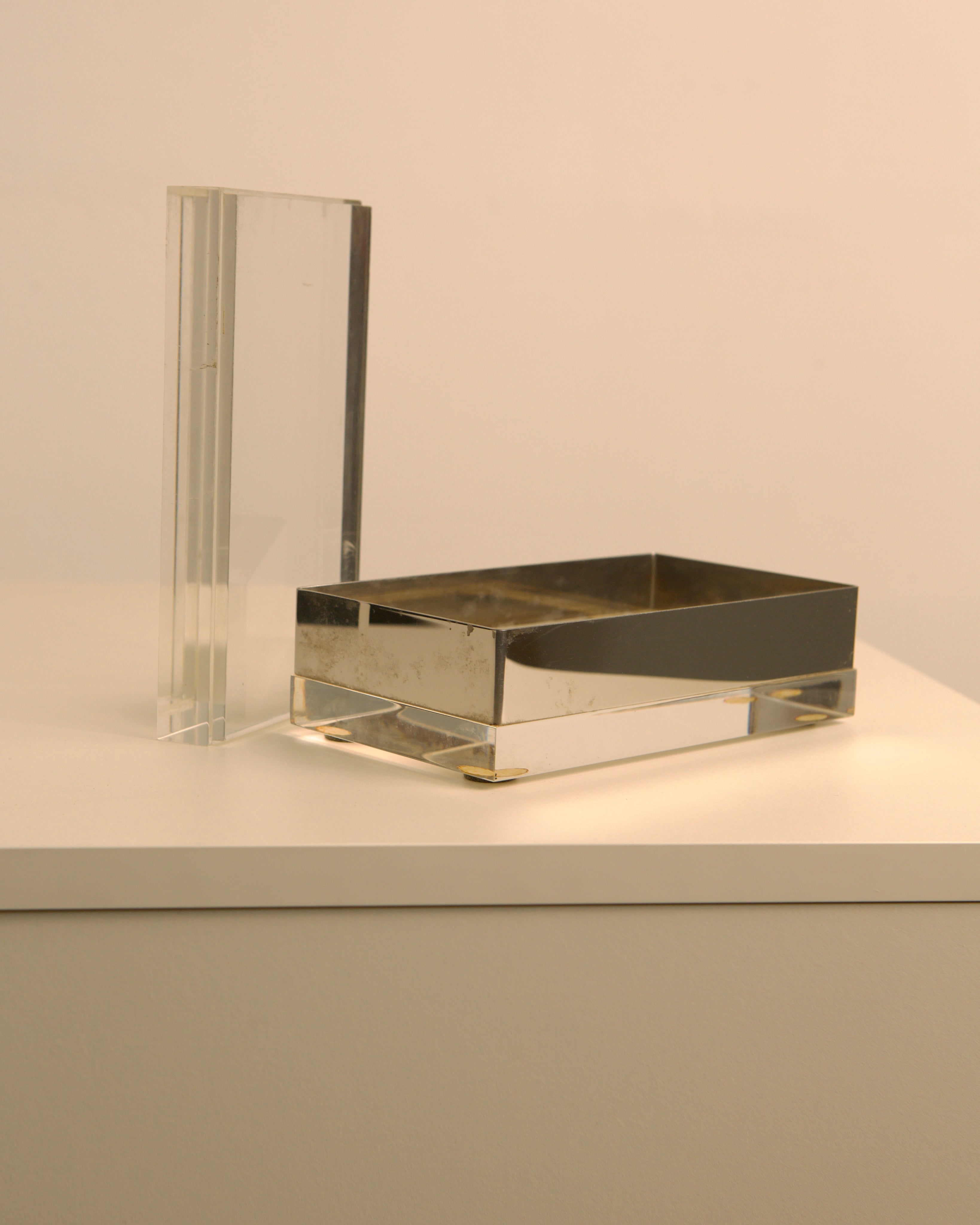 Large rectangular Italian glass box from 70s with metallic frame