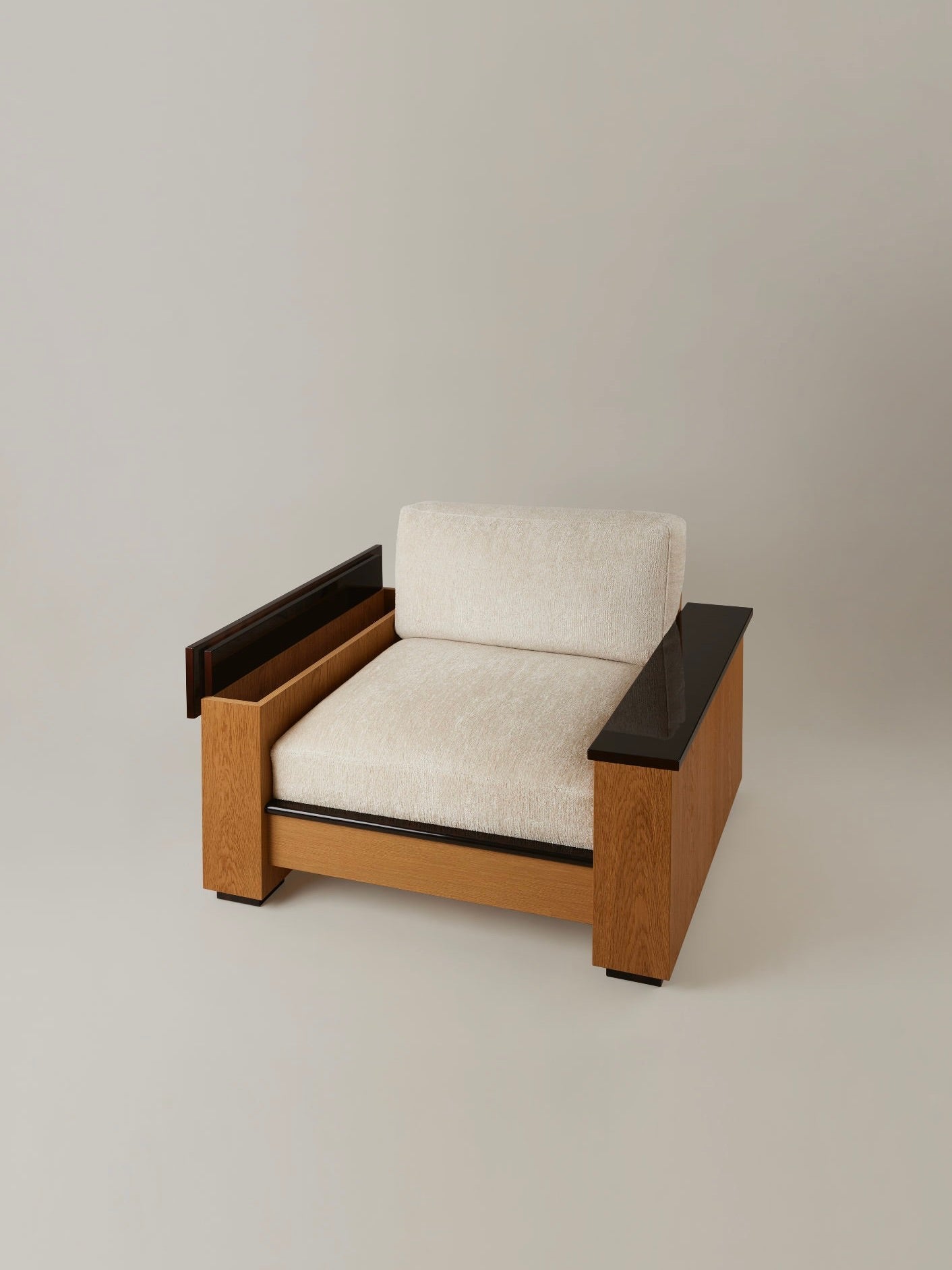 Le Capitaine" Arm Chair — side angle showing light fabric and wood frame