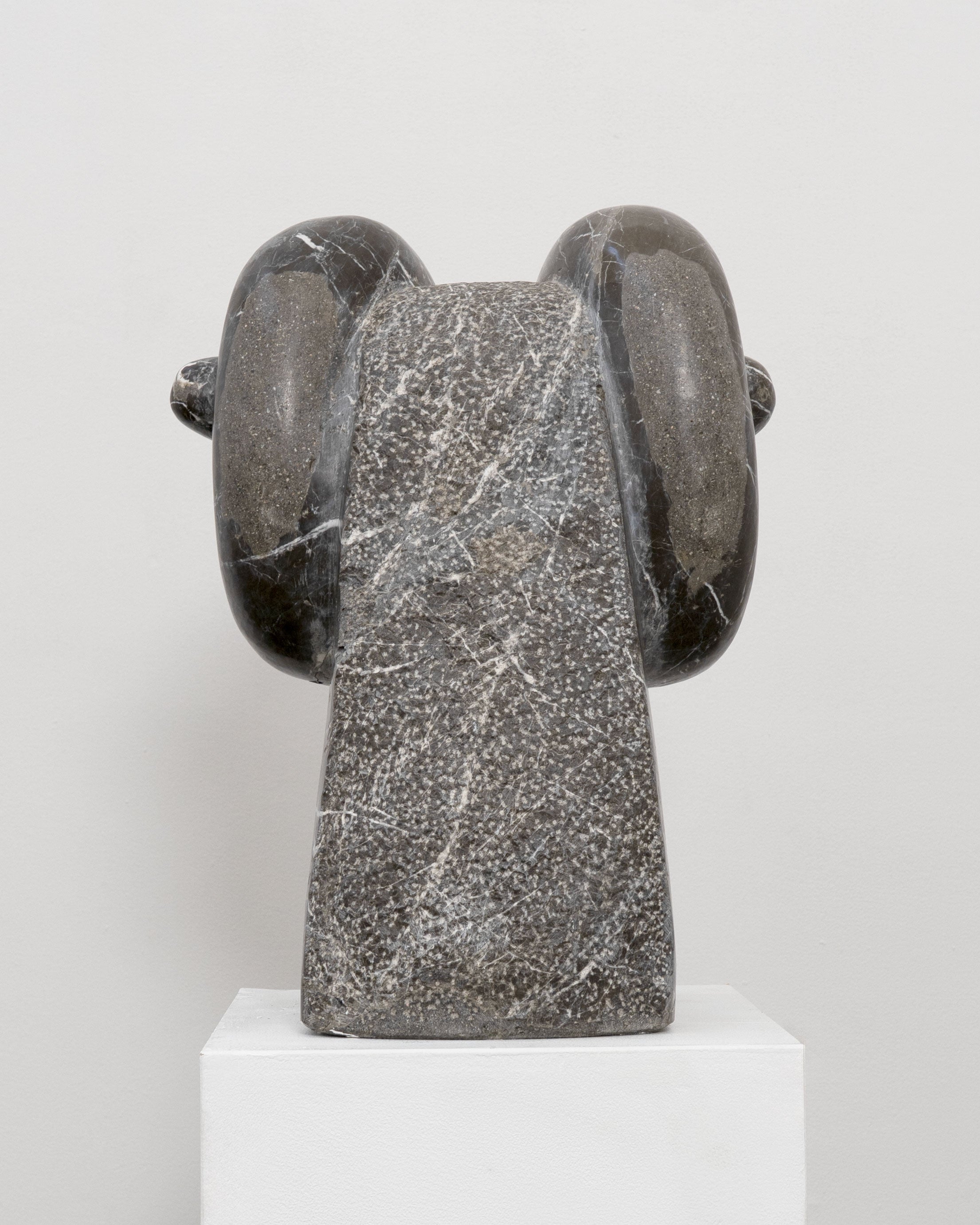 Large Vintage Marble Rams Head Sculpture — back view on white pedestal