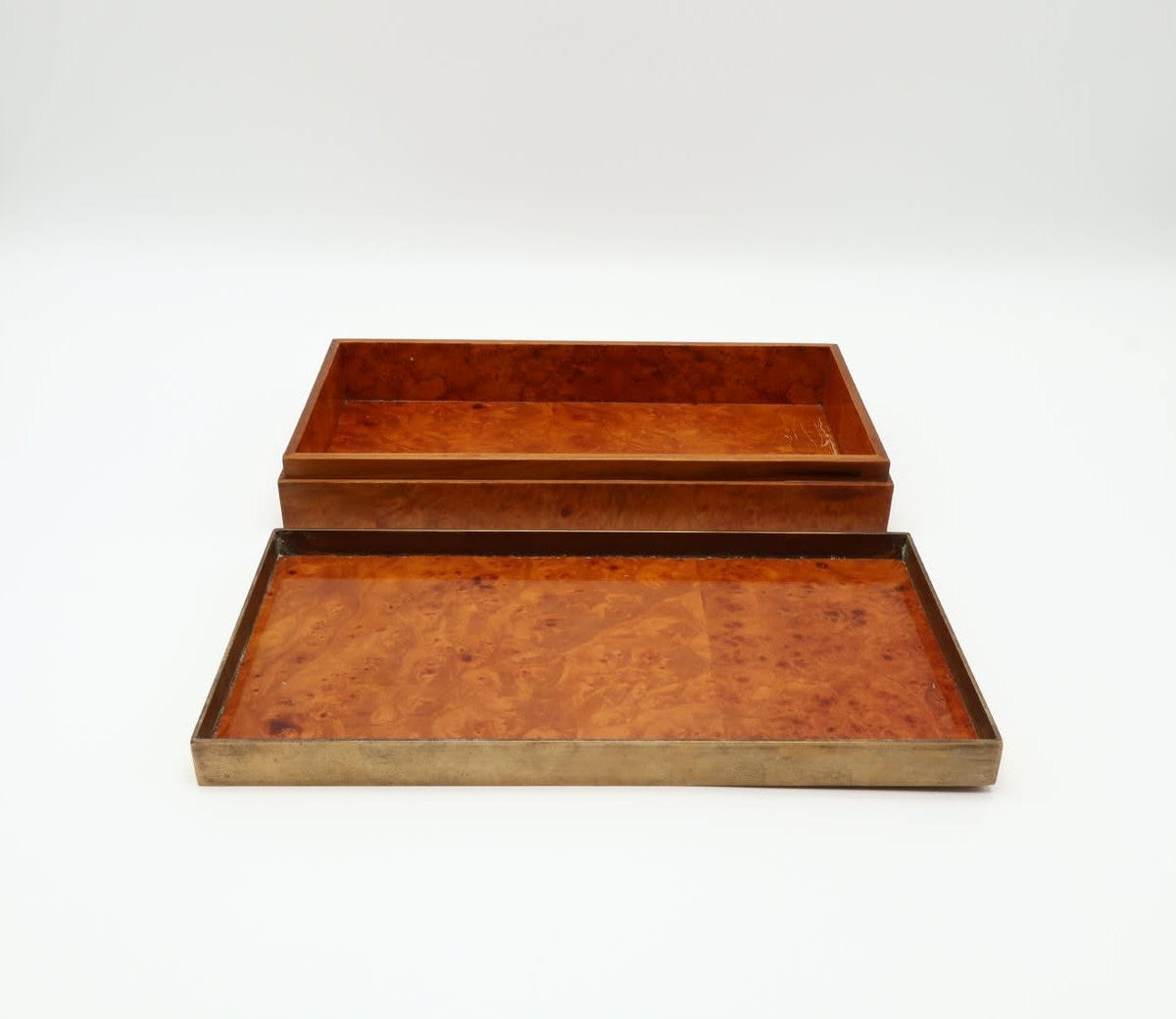 Italian 1970s Burl Wood and Brass Decorative Box — lifestyle setting
