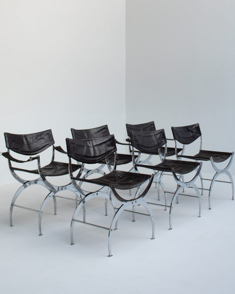 Set of 6 Italian Chrome Dining Chairs with Leather Seating by Malata Antwerp | The Oblist — chrome frame, black leather