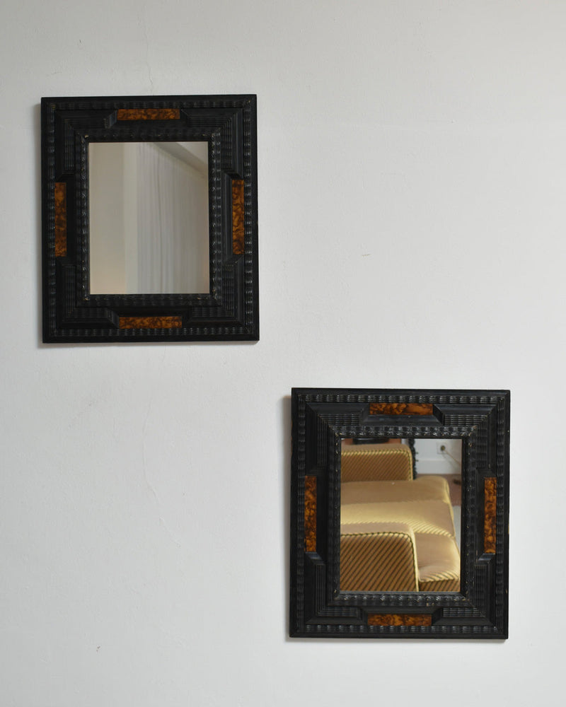 Pair of carved ebonised wood and trompe l'oeil turshell mirrors, XIXth c. by Barracuda Interiors | The Oblist