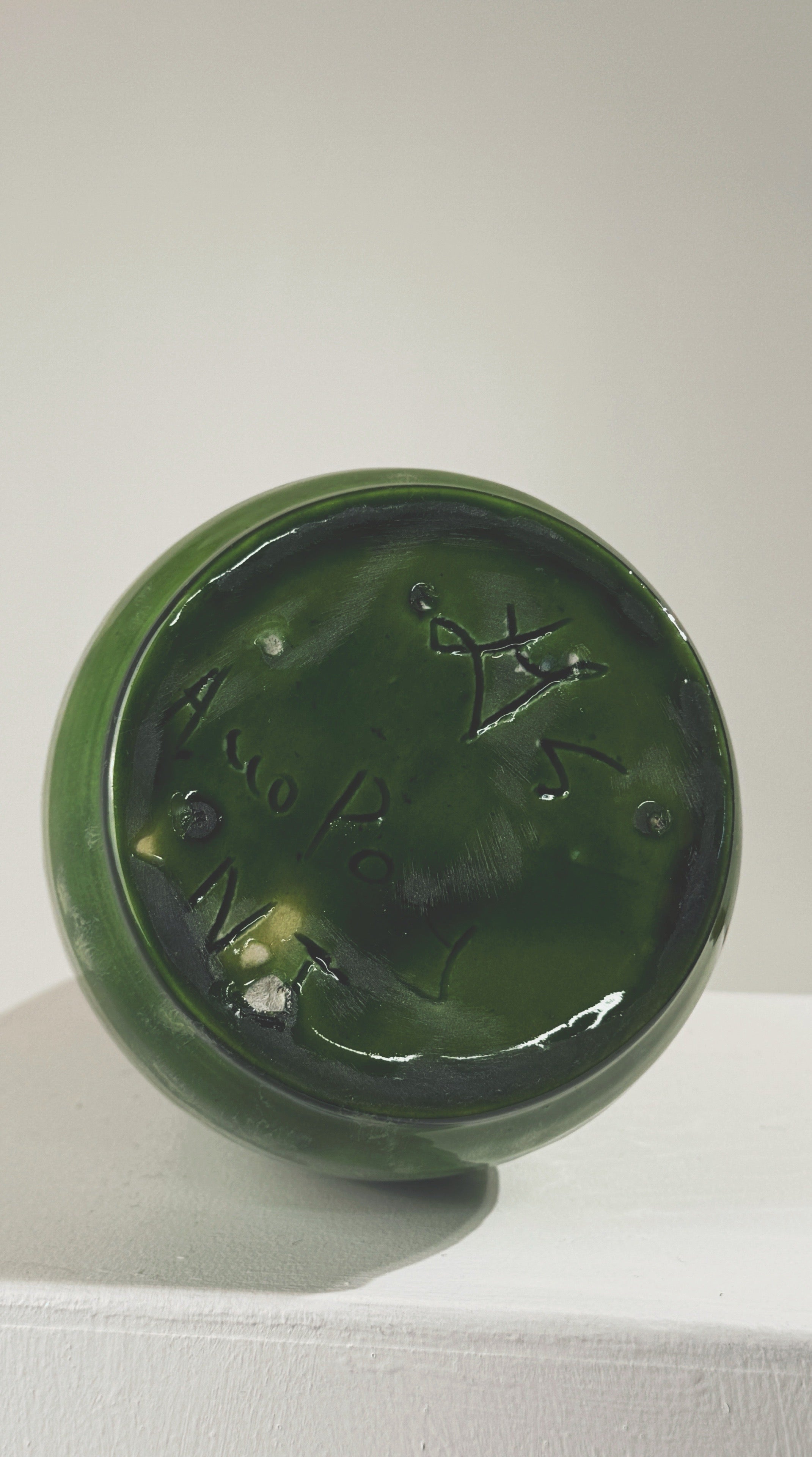 Bottom view detail of green ceramic Accolay pottery bottle 1960