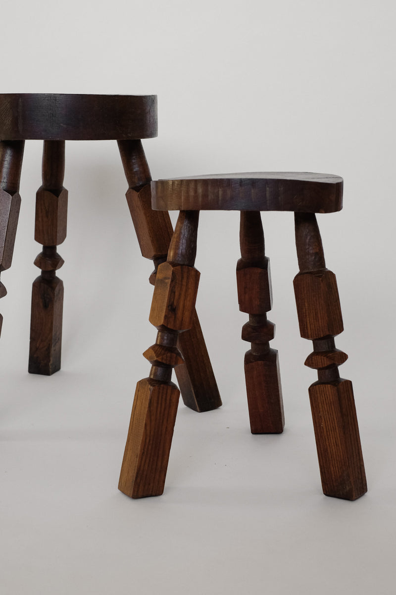 Pair of Mid-Century Rustic Tripod Stools — detail view