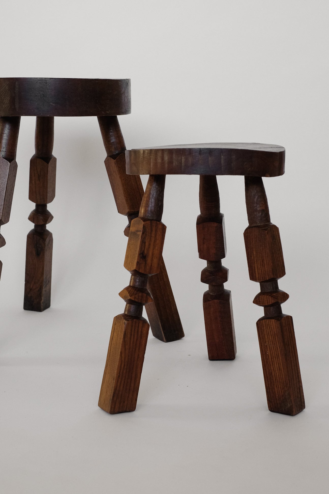Pair of Mid-Century Rustic Tripod Stools — detail view