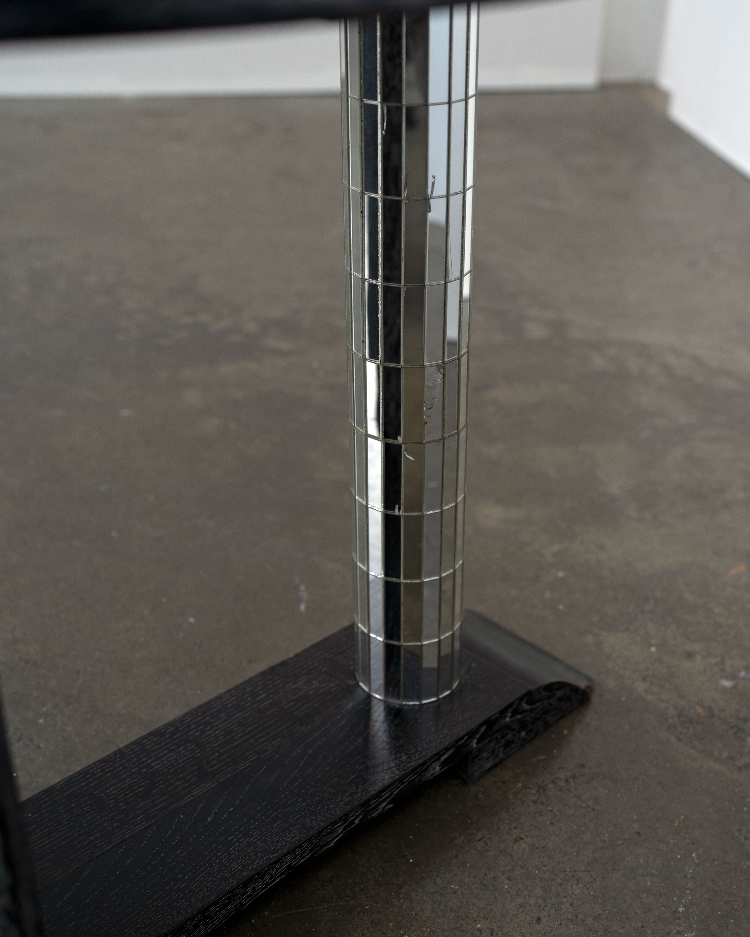 Modernist Ebonised Oak and Mirror Mosaic Pedestal Table — back view of mirrored column base