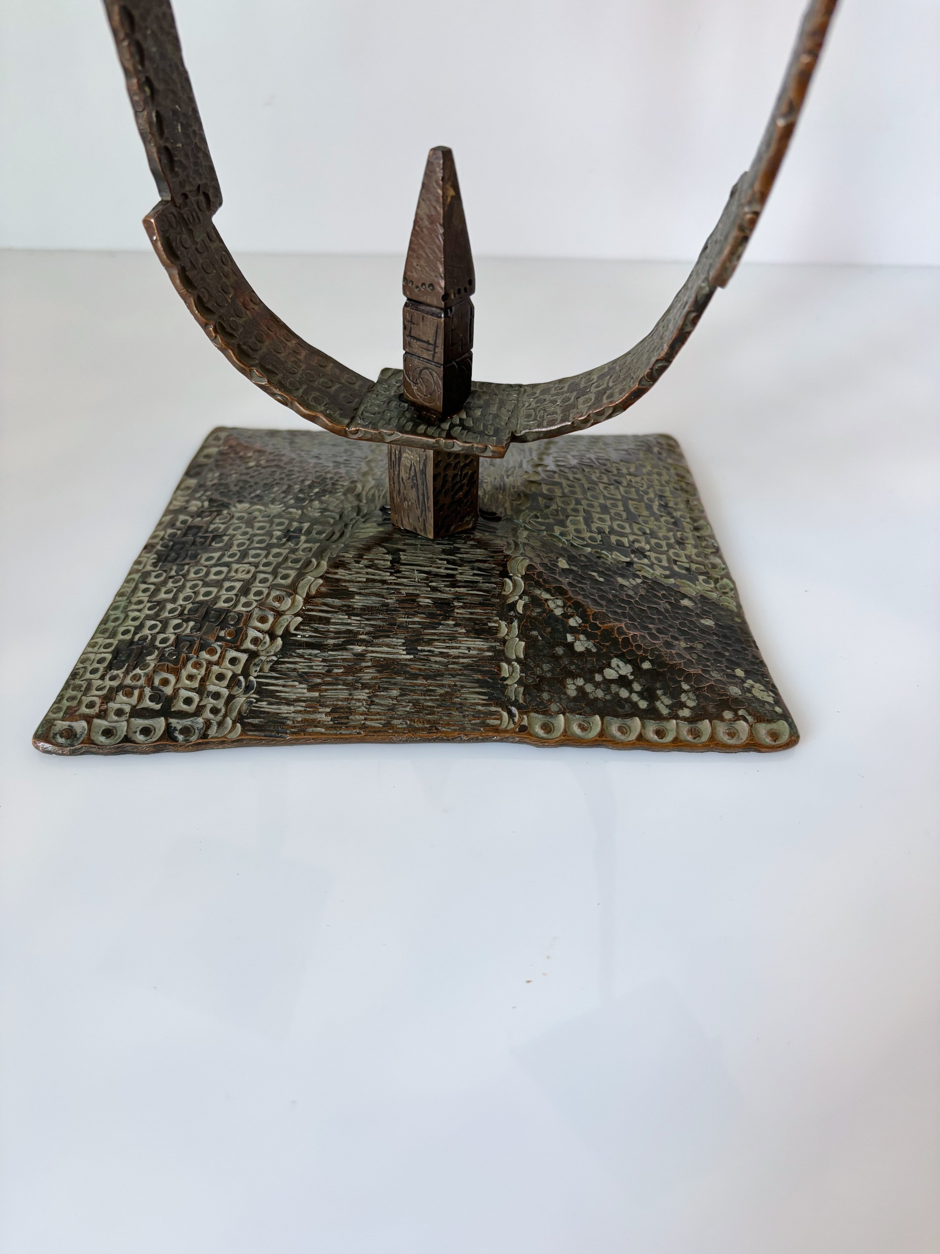 Hammered Metal 2 Arm Candlestick, Poland Mid Century — side angle showing textured base and arms