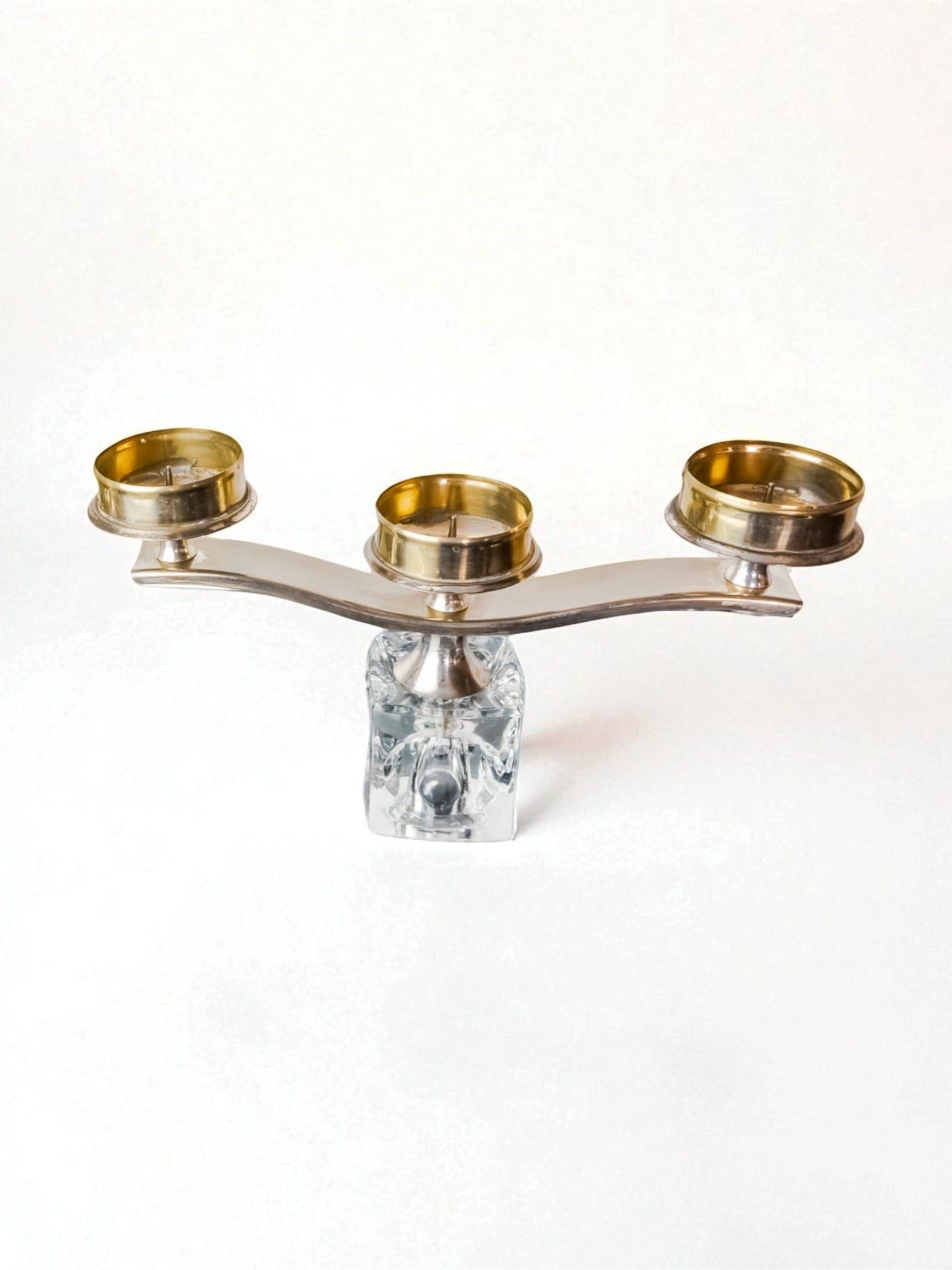 Ice Cube Candleholder by Peill & Putzler, 1970's — side angle showing clear glass base and brass holders