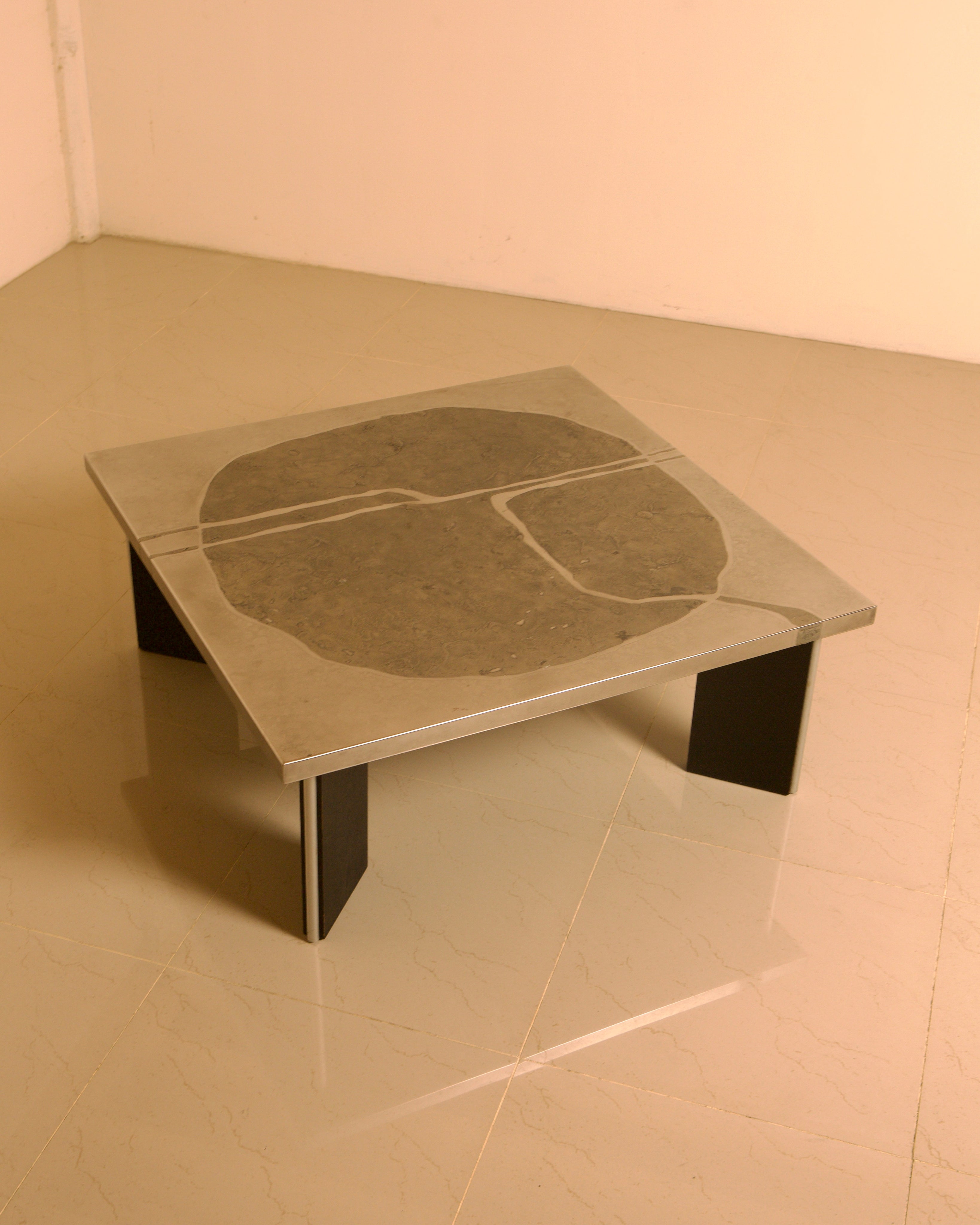 Sculptural coffee table in wood and steel by Heinz Lilienthal, 1960s — detail view