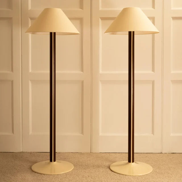 Wood & Lacquer Floor Lamps - France 1960s by Galerie Vauvart | The Oblist — vintage wood and cream shade