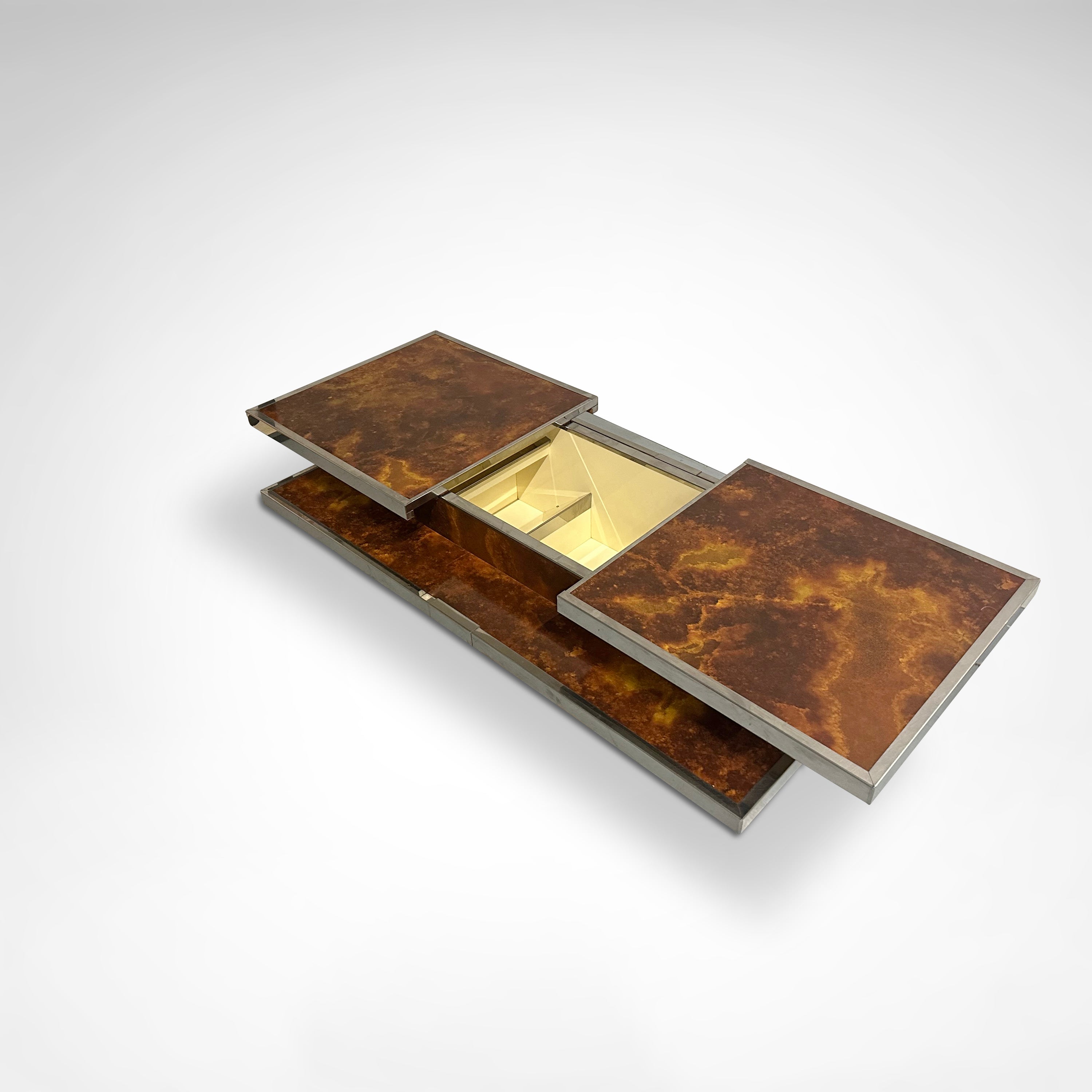 Sliding two tier burl wood and metal coffee table with integrated bar France 1980s — detail view