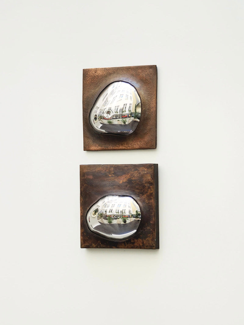 Drop Of Silver On Copper III' Wall Sculpture — close-up of mirrored surface on copper background