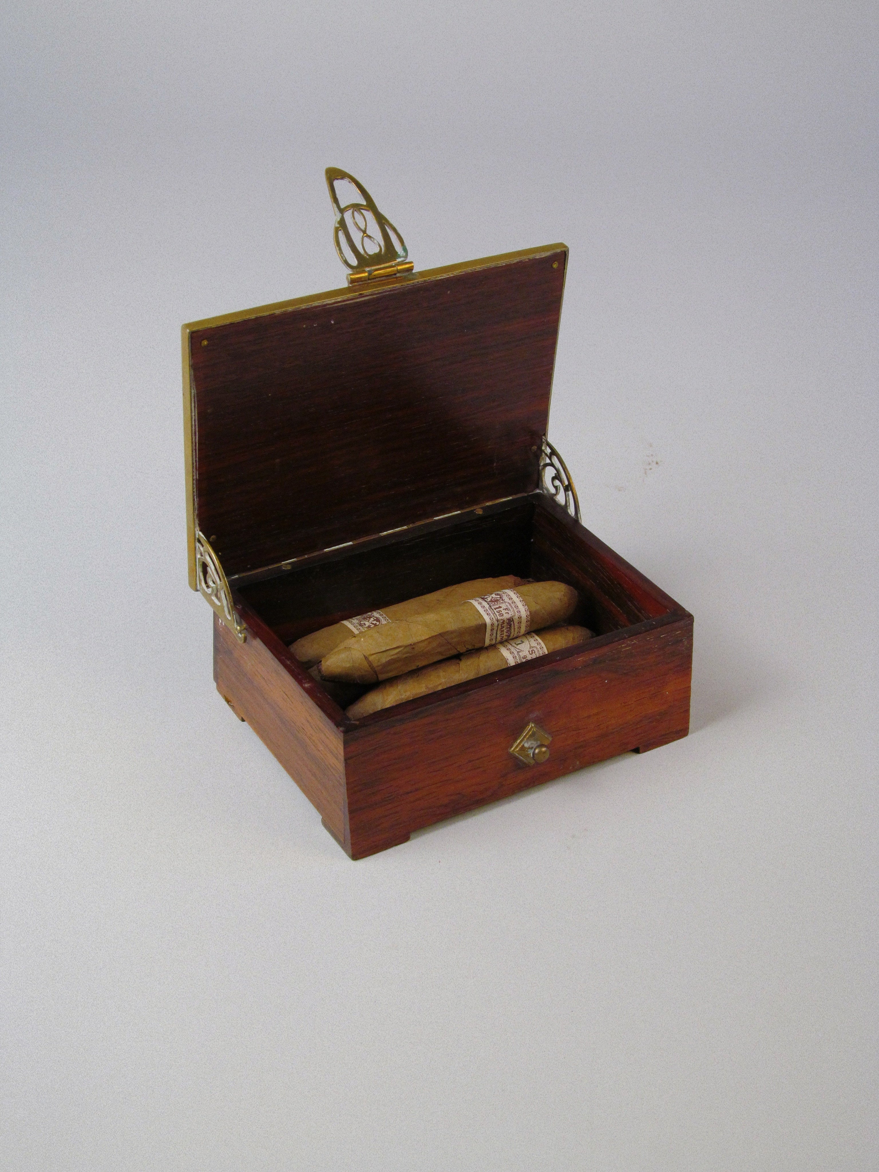 Seccessionist Cigar Box c.1910 With Contents — open view showing wooden interior and cigars
